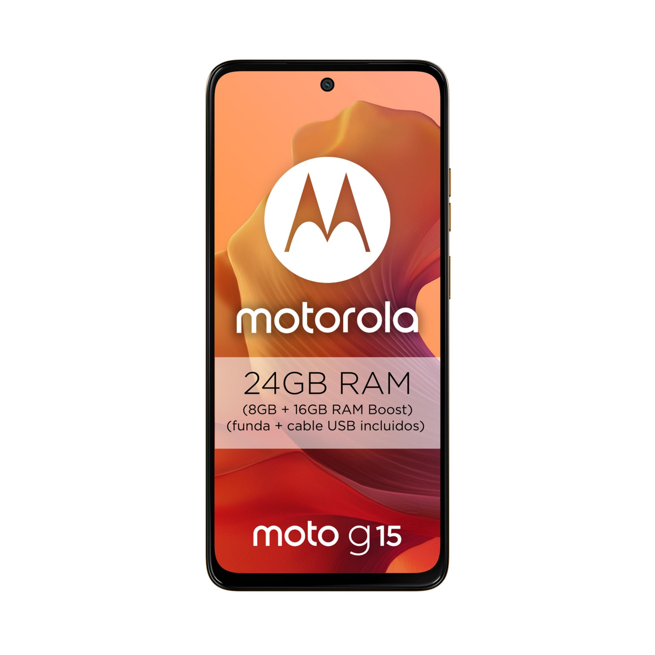Teléfono Motorola Moto G 15 con 24GB RAM, incluye funda y cable USB.