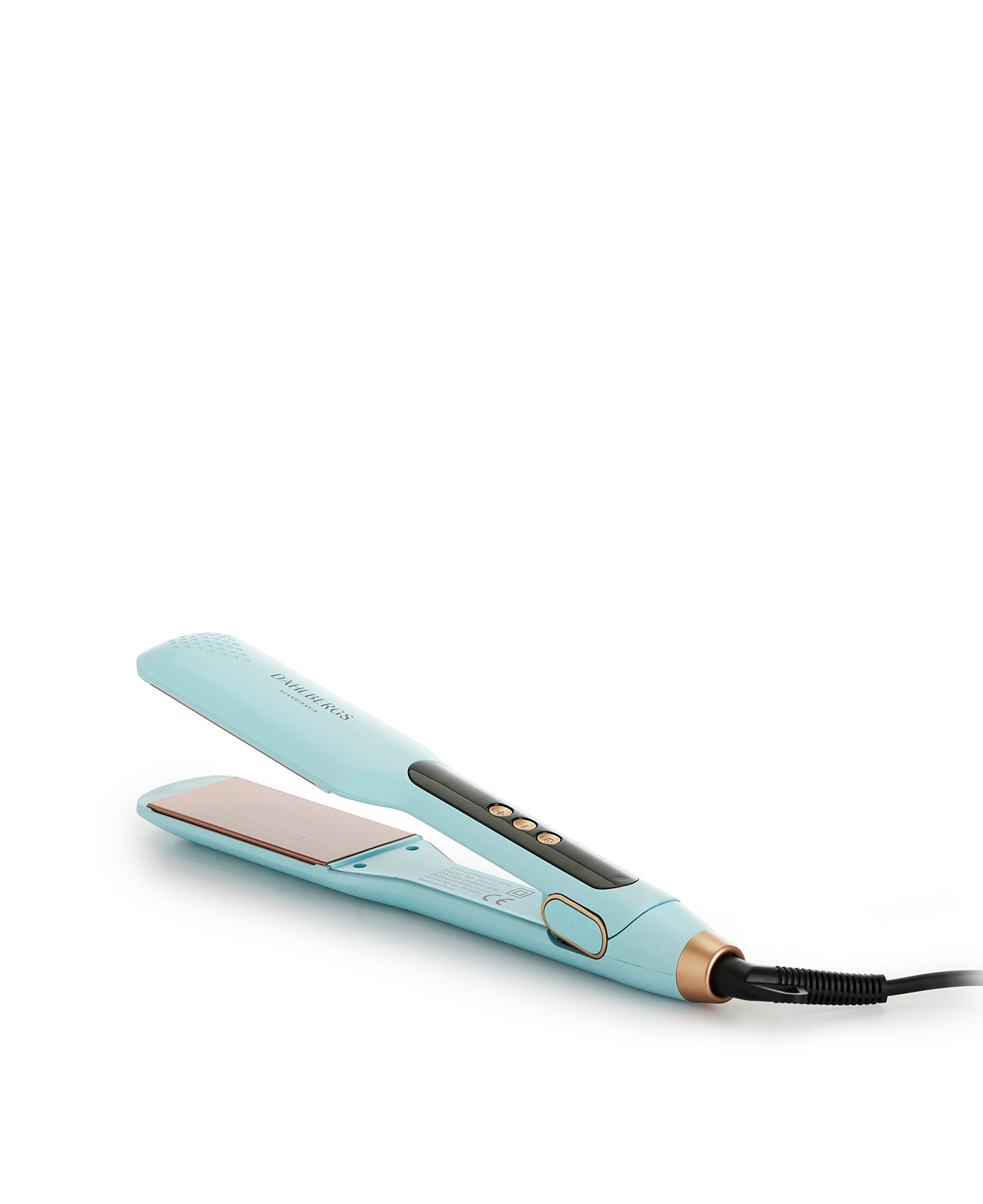 Una plancha de pelo azul claro con placas de cobre y controles negros.