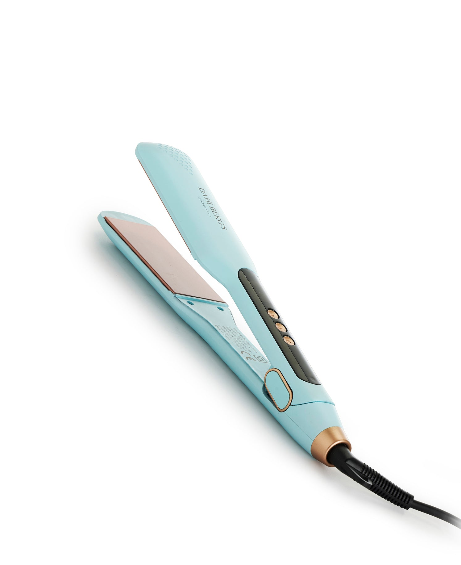 Una plancha de pelo azul claro con detalles dorados y botones negros sobre fondo blanco.