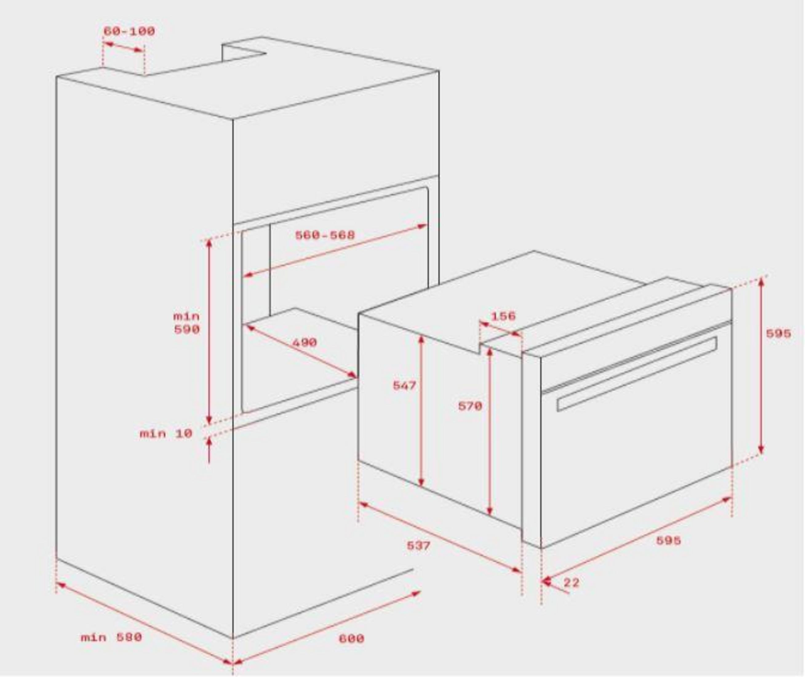 Dibujo técnico de un horno empotrable con dimensiones.