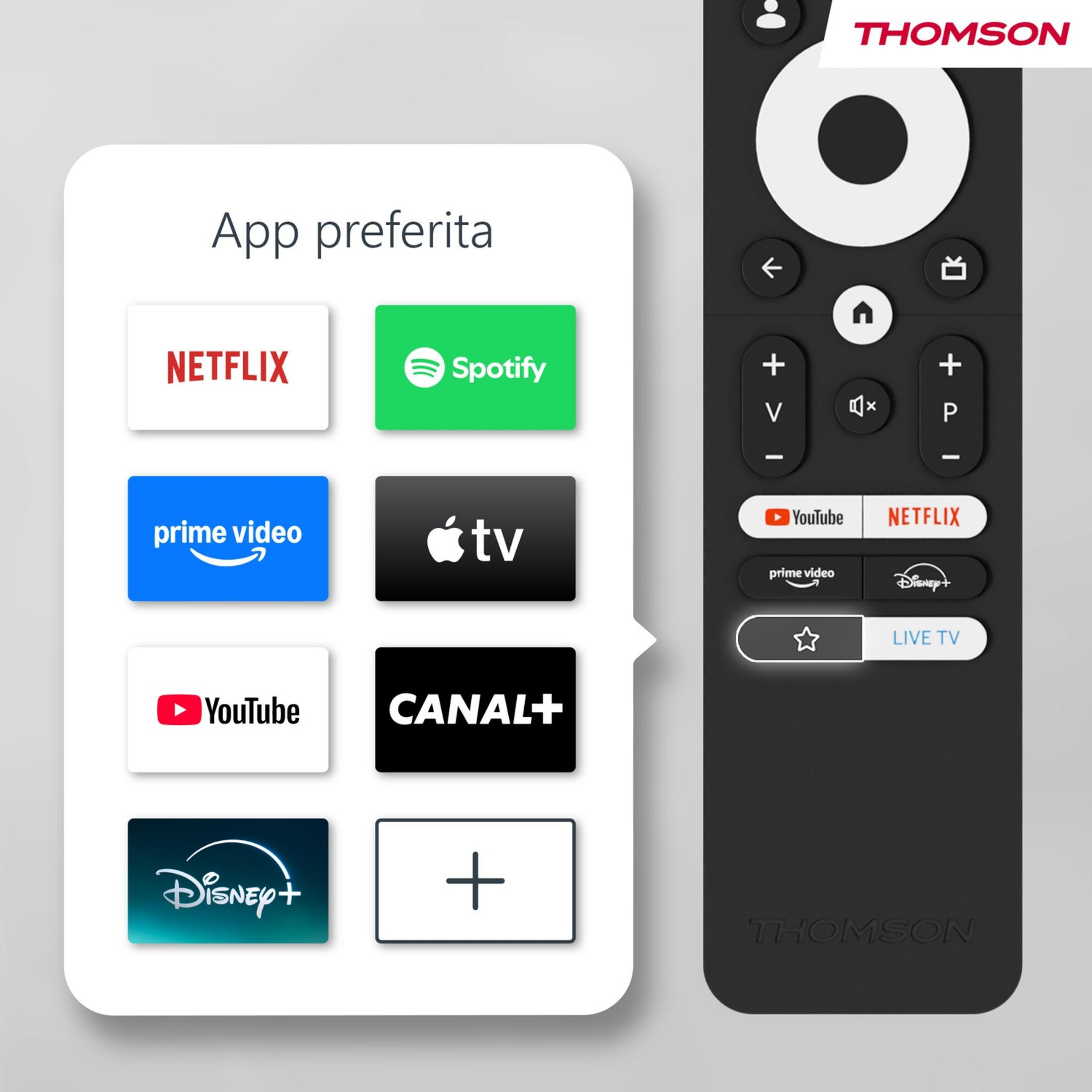 Mando de TV con iconos de aplicaciones: Netflix, Spotify, Prime Video, Apple TV, YouTube, Canal+