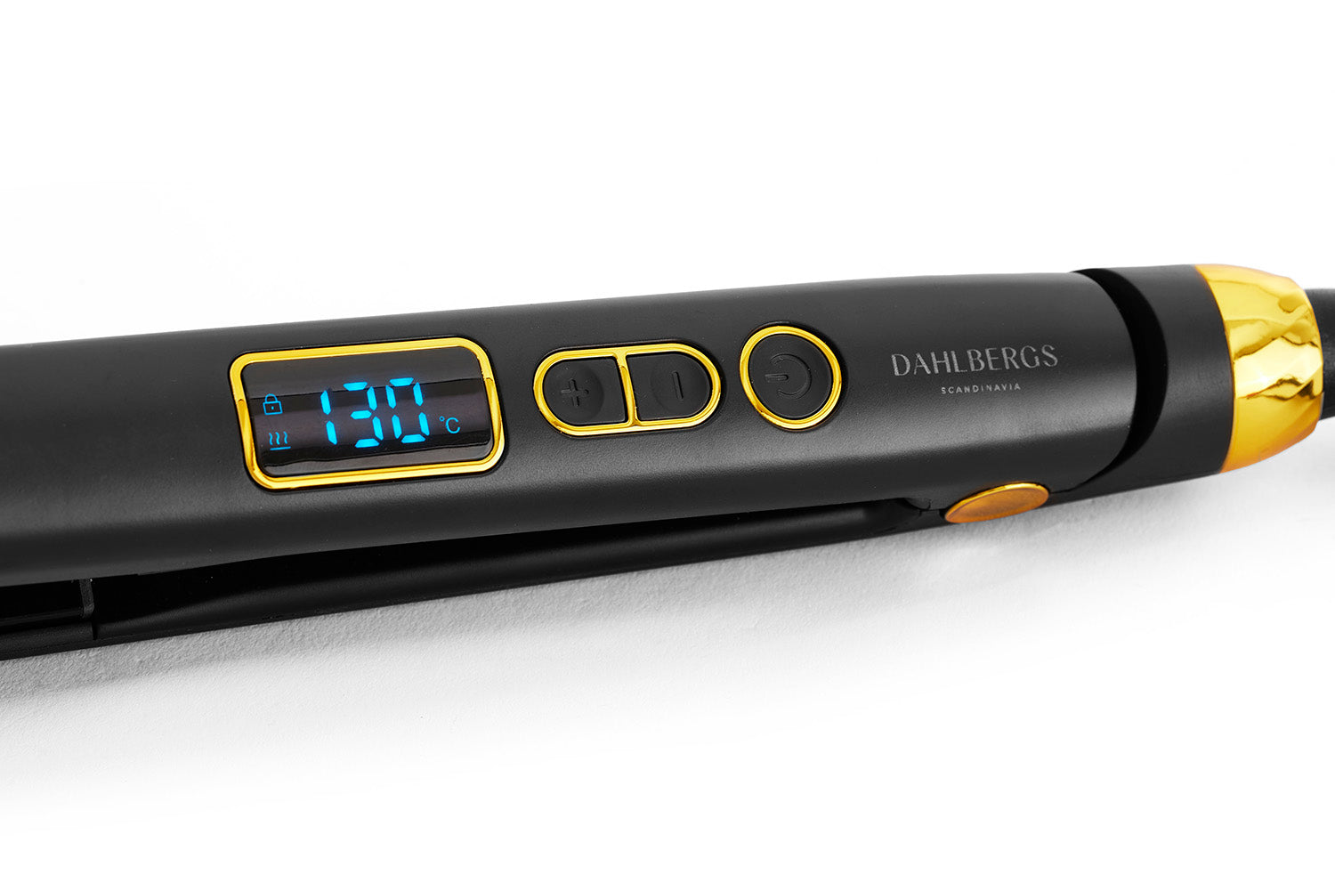 Plancha de pelo negra con pantalla digital de 130°C y detalles dorados.