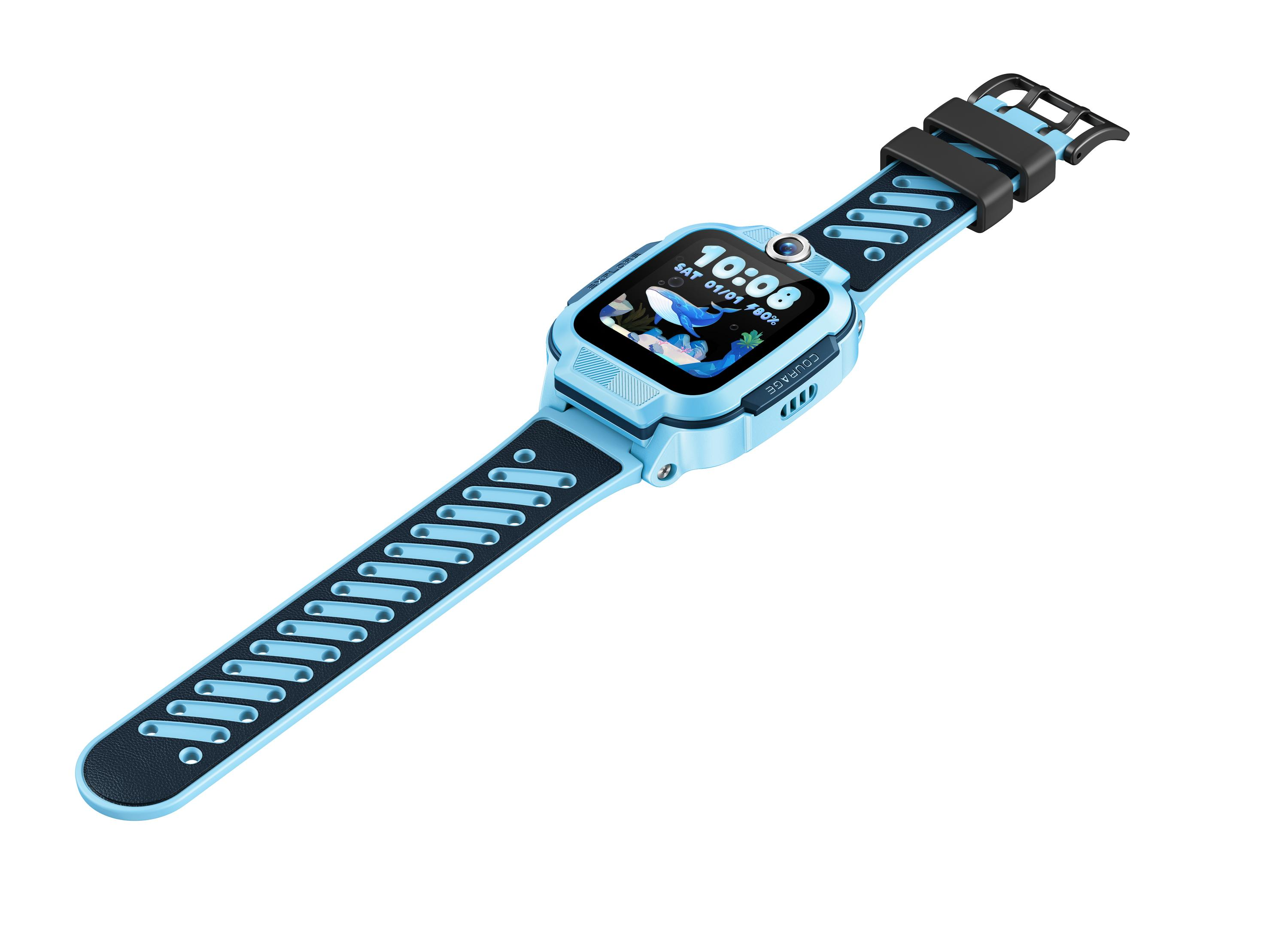 Smartwatch blu con display di balena, cinturino in gomma e fibbia nera.