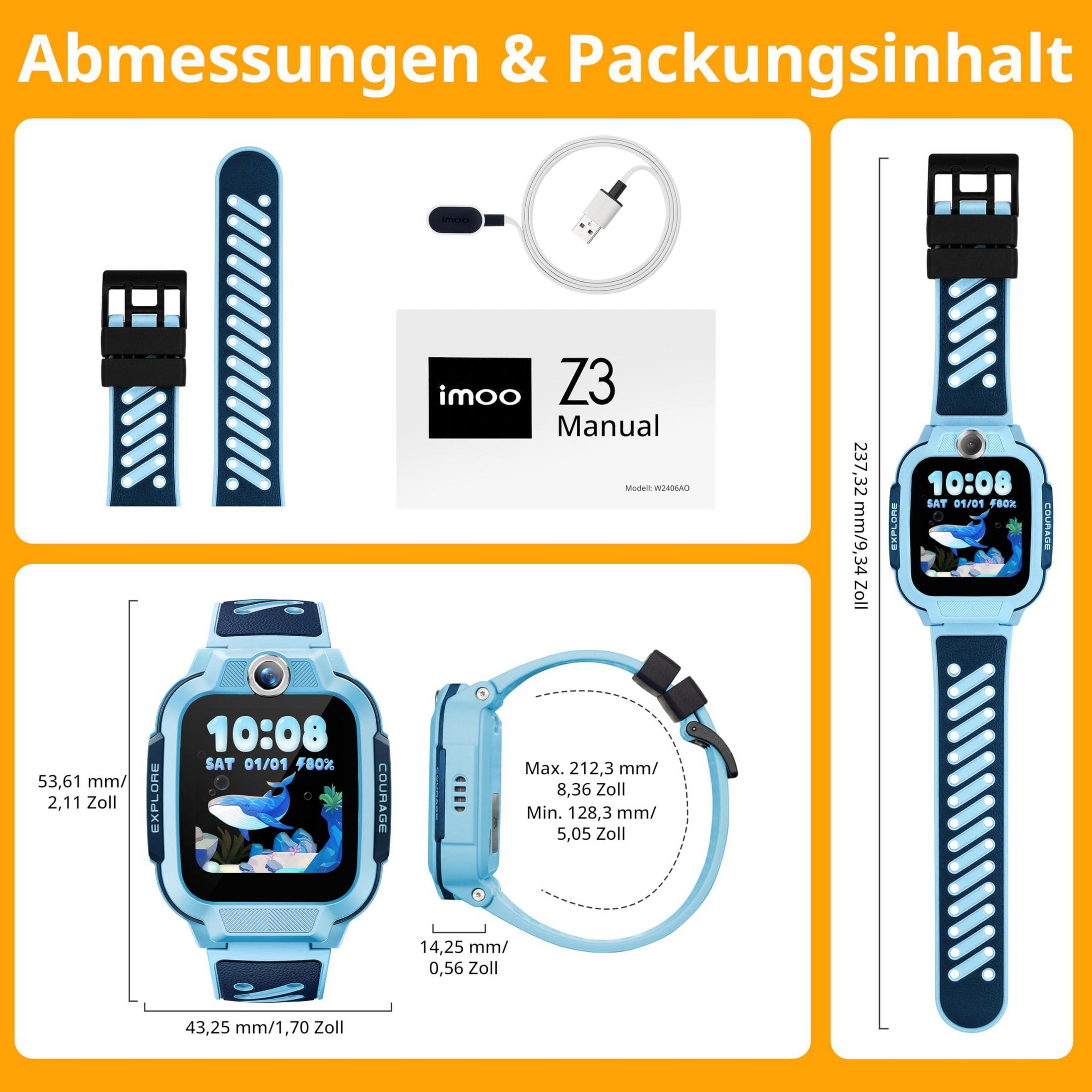 Smartwatch blu per bambini con accessori di ricarica e manuale. Dimensioni indicate.