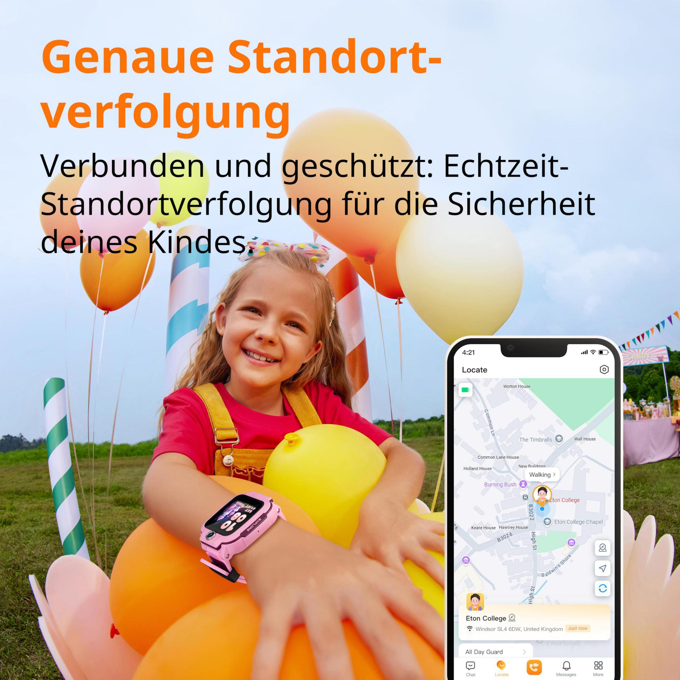 Una bambina con uno smartwatch rosa sorride davanti a palloncini e un'app per cellulare.