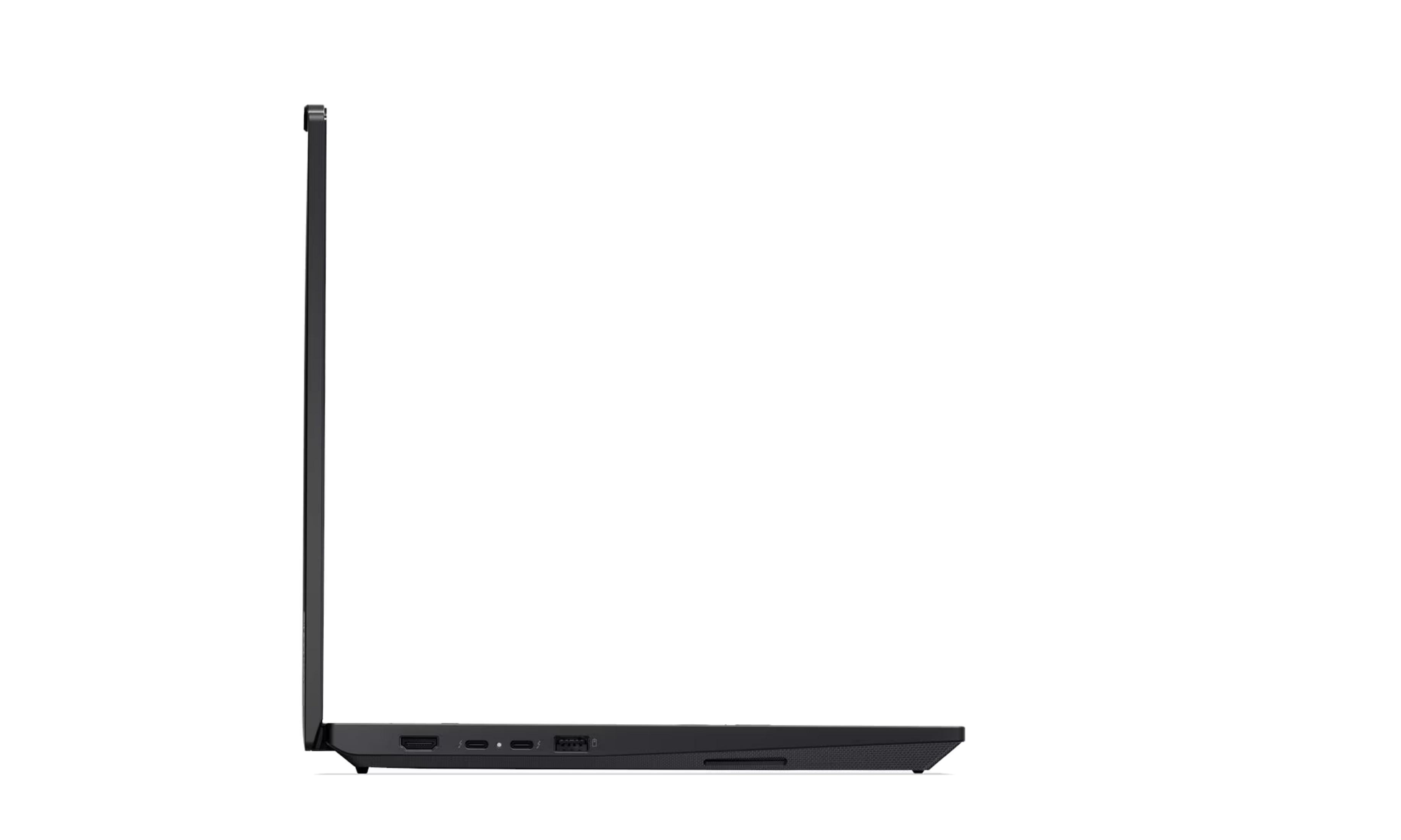 Portátil negro, vista lateral con puertos: HDMI, USB-C, USB-A, lector de tarjetas SD.