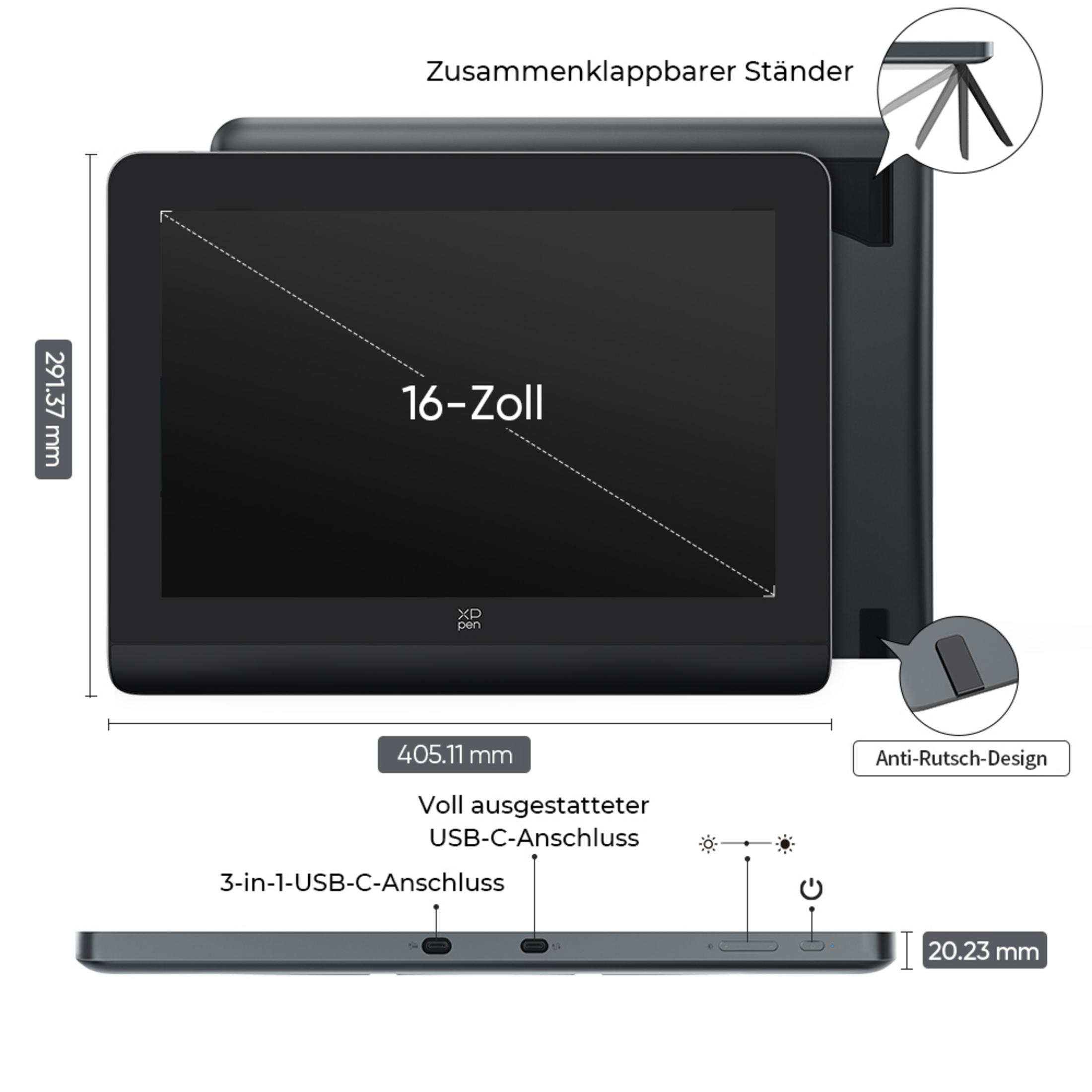 16-Zoll-Display mit Ständer, USB-C-Anschlüssen und Maßen.