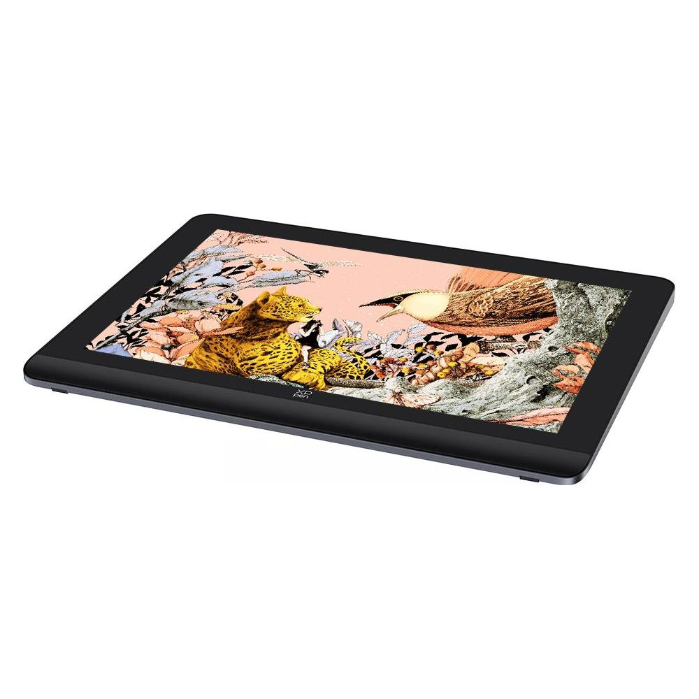 Ein Tablet zeigt ein Bild von zwei Leoparden und einem Vogel in einem baumreichen Lebensraum.