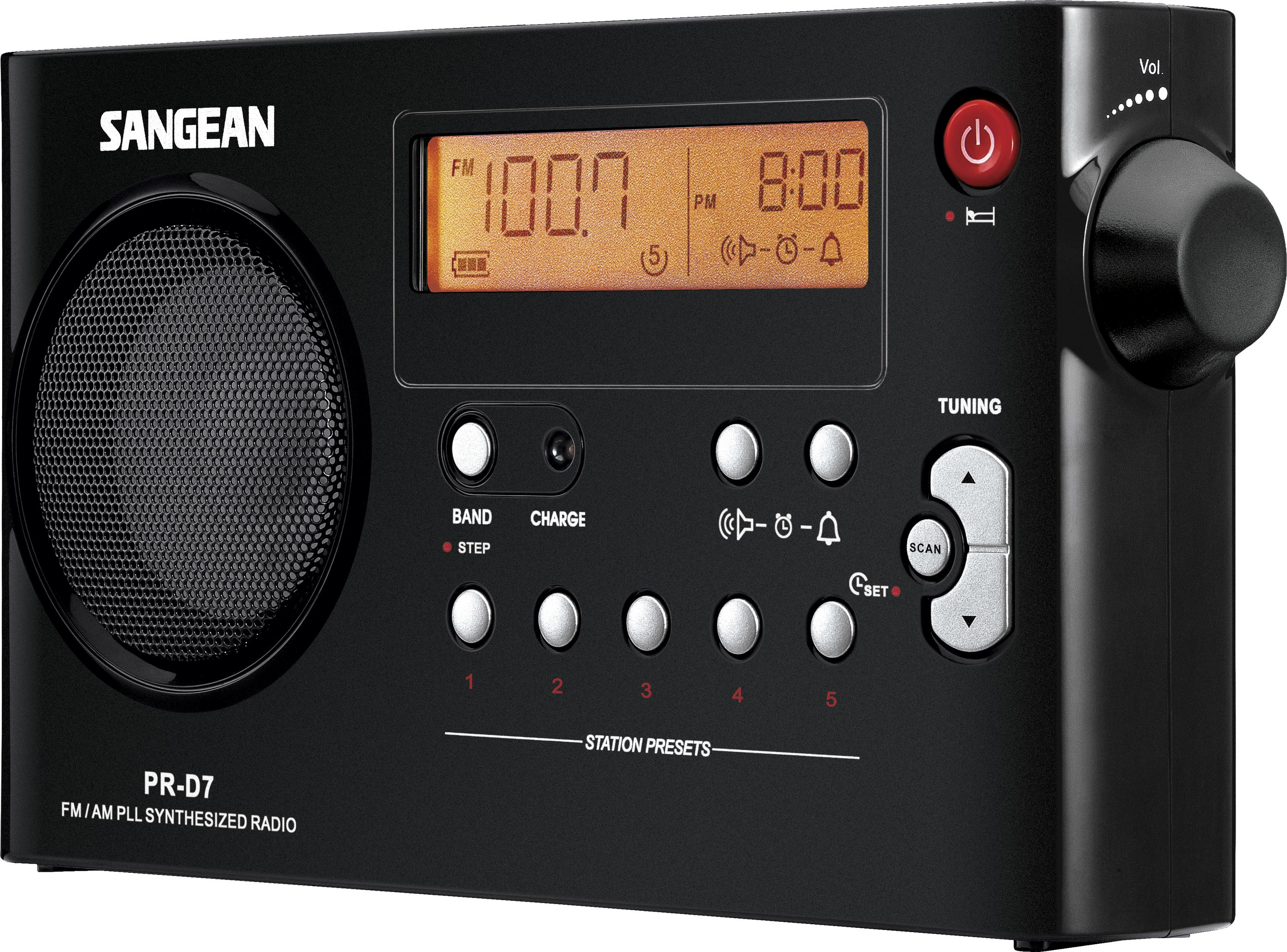 Radio Sangean PR-D7 nera con display digitale, altoparlante e pulsanti di controllo.