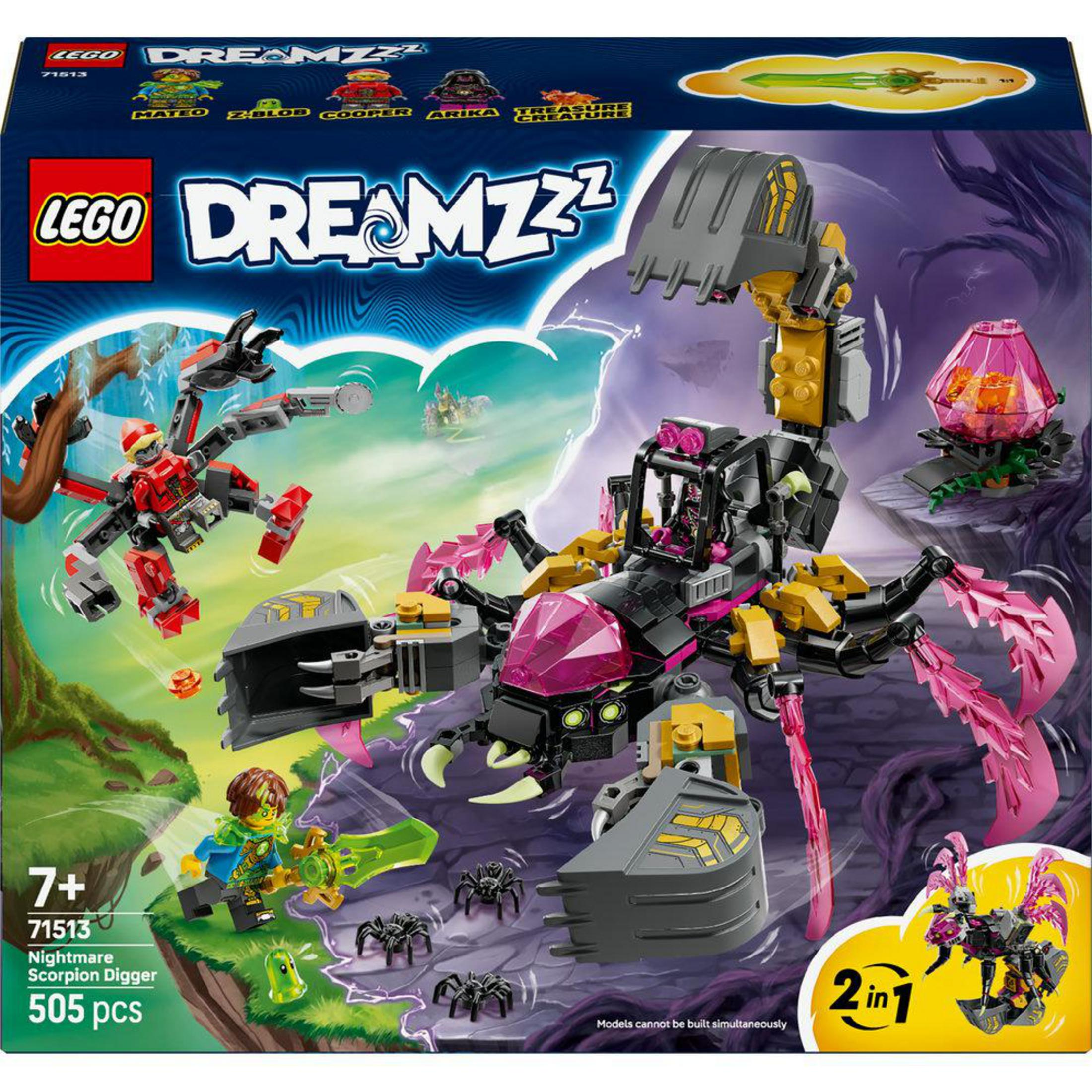 Scatola LEGO DREAMZZ con Scavatore Scorpione, mech rosso e figure su sfondo viola.