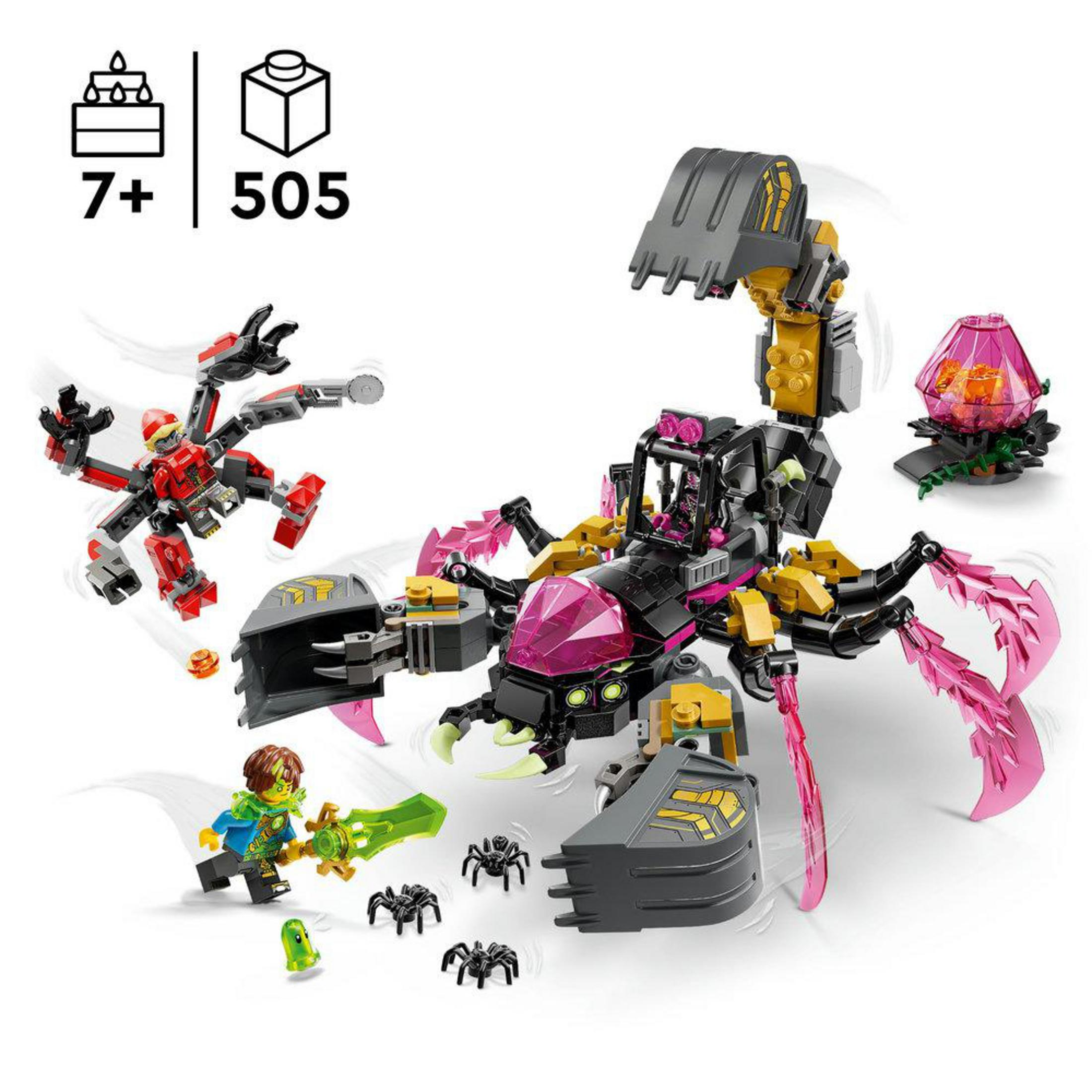 Un set Lego con uno scorpione grande, un mech rosso, una minifiguretta e ragni.