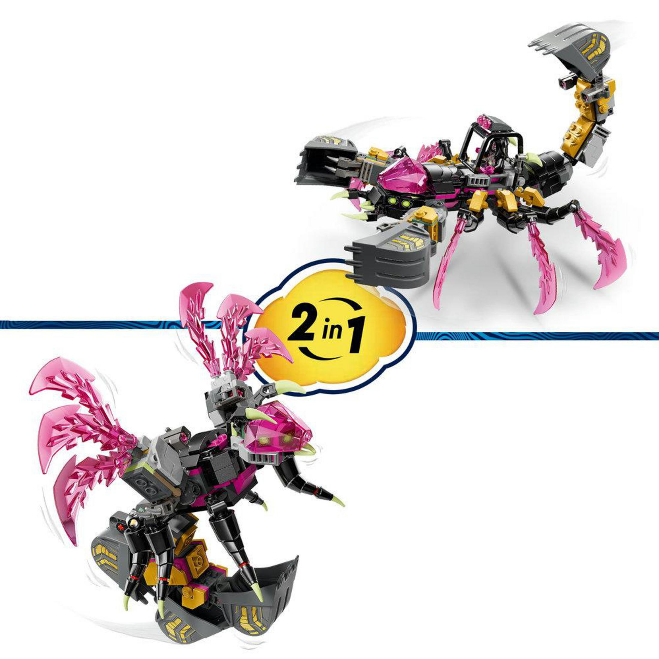 Due creature Lego costruibili: uno scorpione e una bestia alata in nero, giallo e rosa.