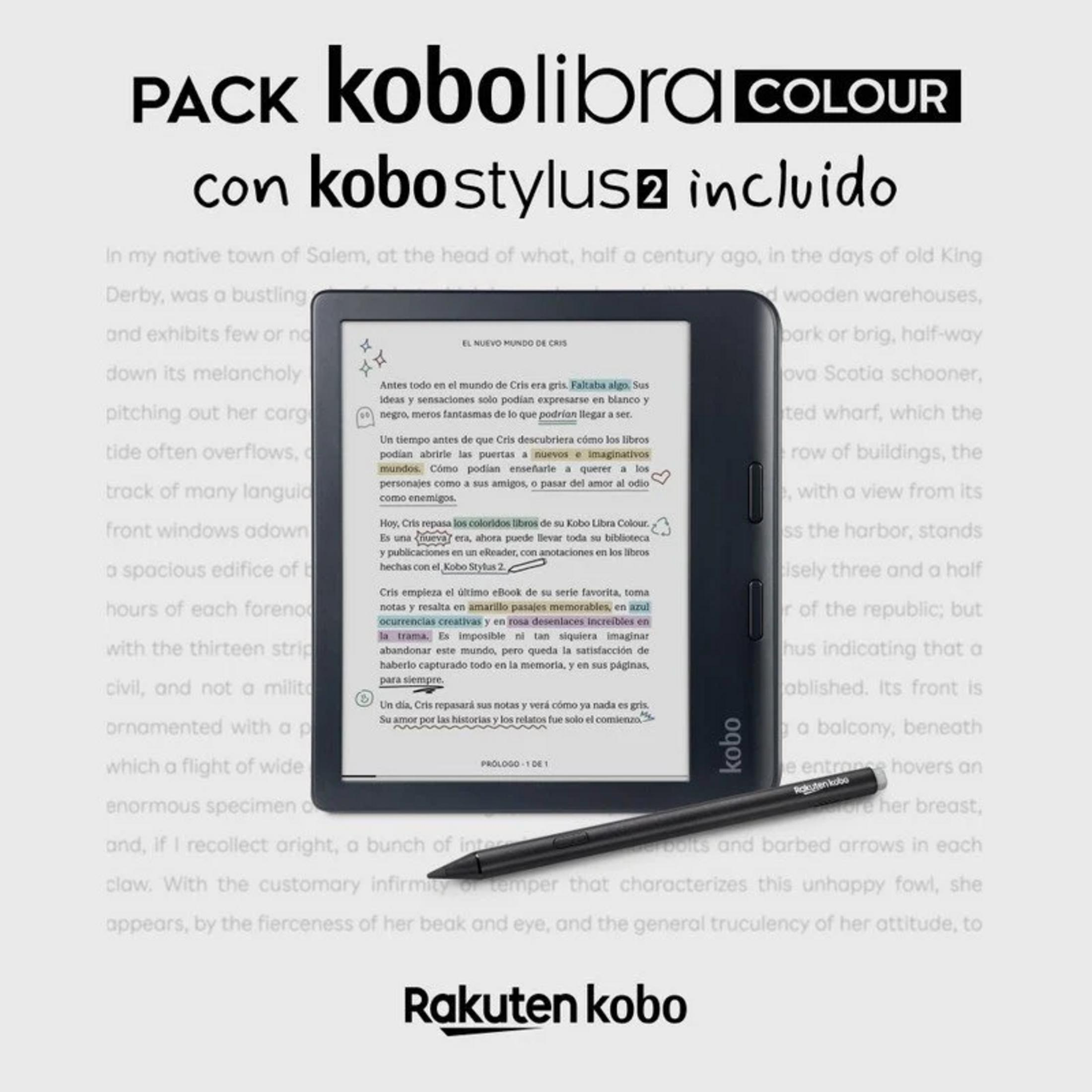 Ein Kobo E-Reader mit Stift liegt auf einem hellgrauen Hintergrund mit Text.