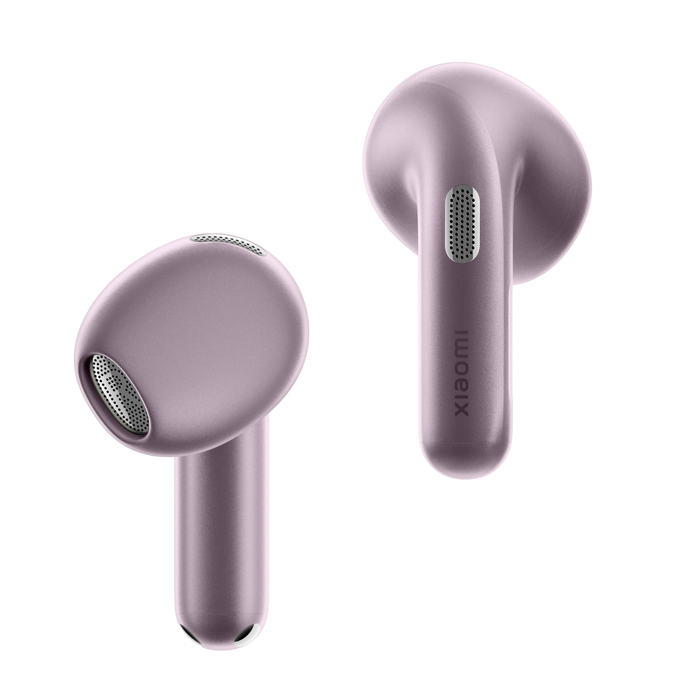 Due auricolari Xiaomi lavanda con dettagli griglia argento su sfondo bianco.