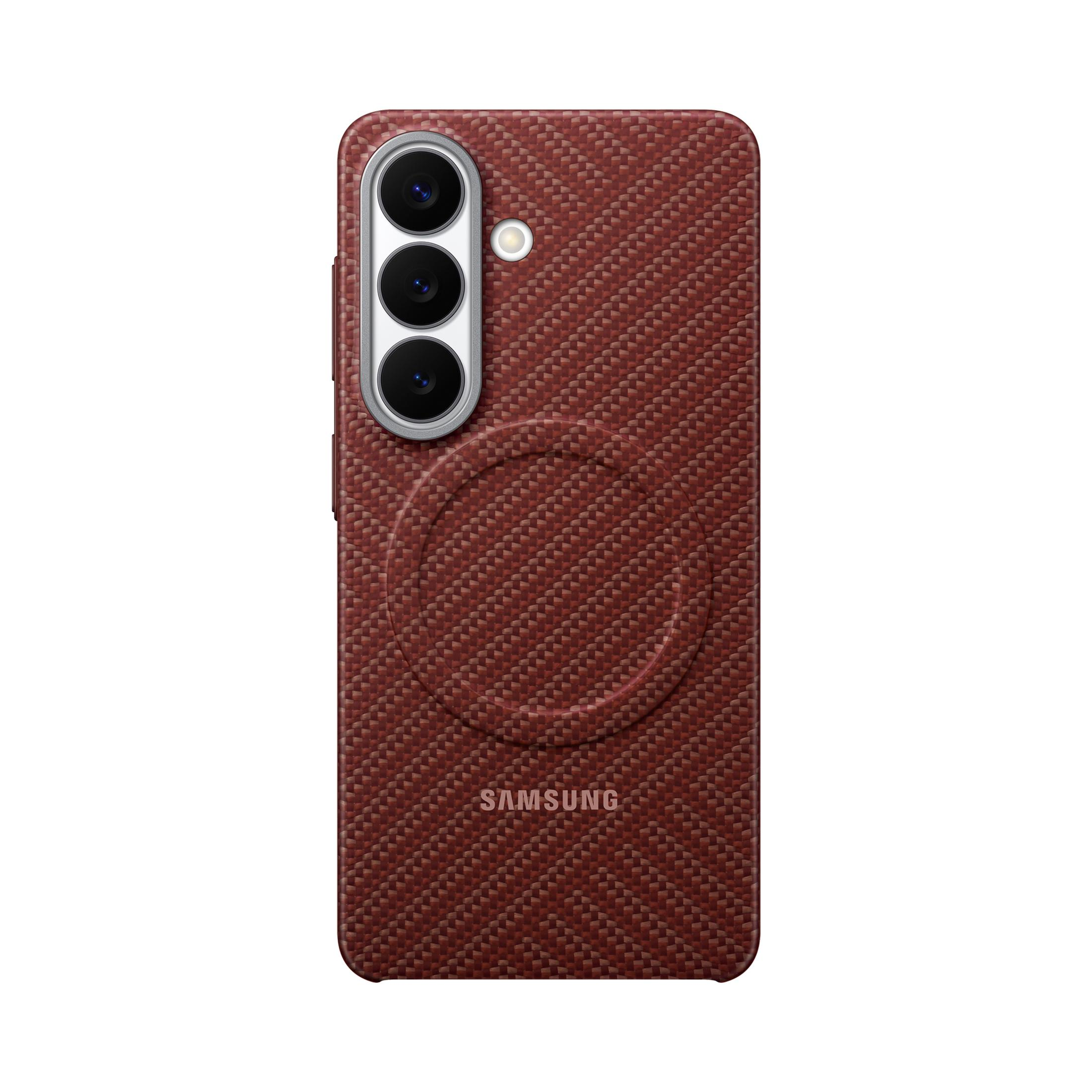 Rode telefoonhoes met camera's en Samsung-logo.