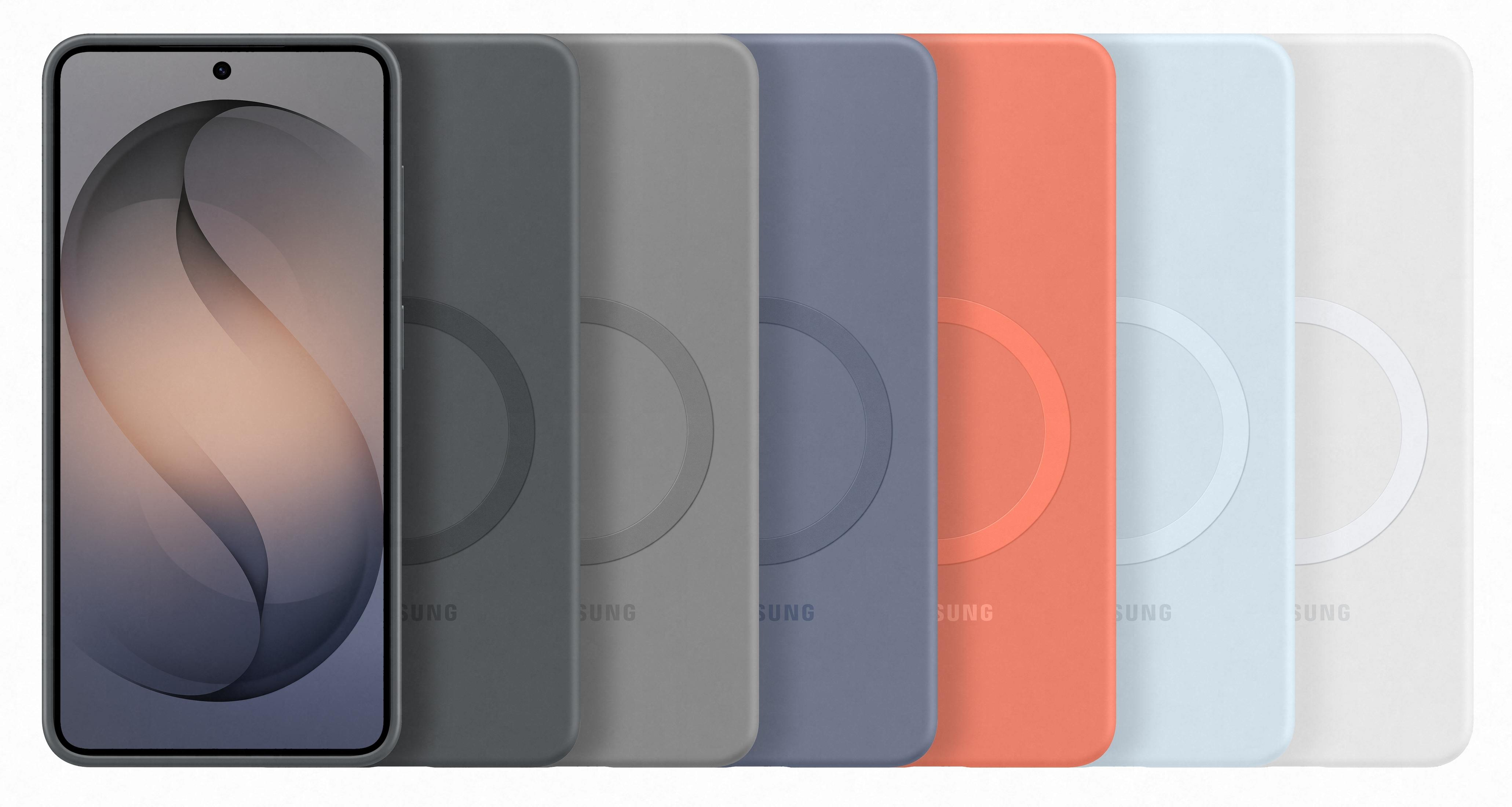 Un smartphone con fondo gris, rodeado de fundas de teléfono coloridas.