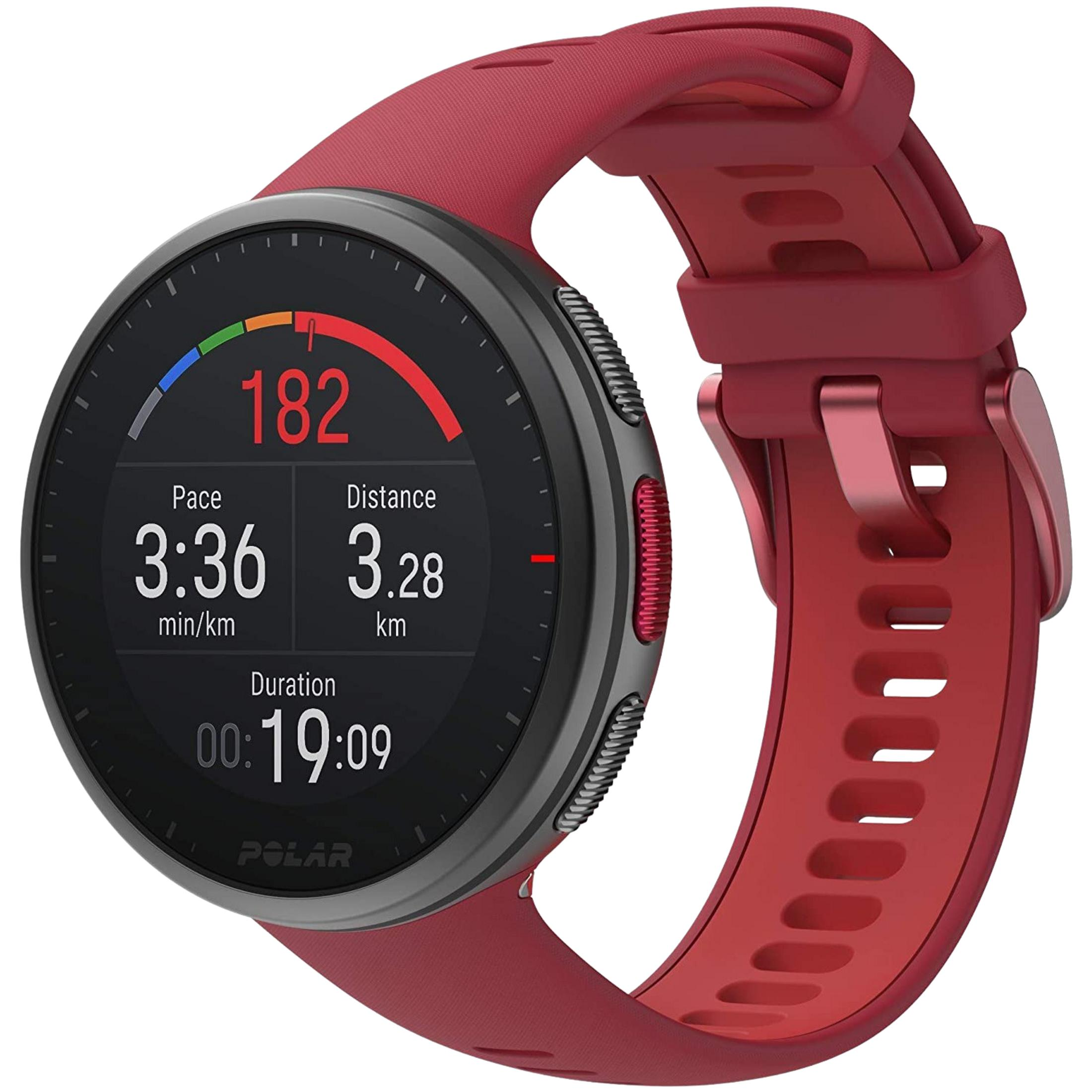 Uno smartwatch rosso con quadrante nero che mostra passo, distanza e durata.