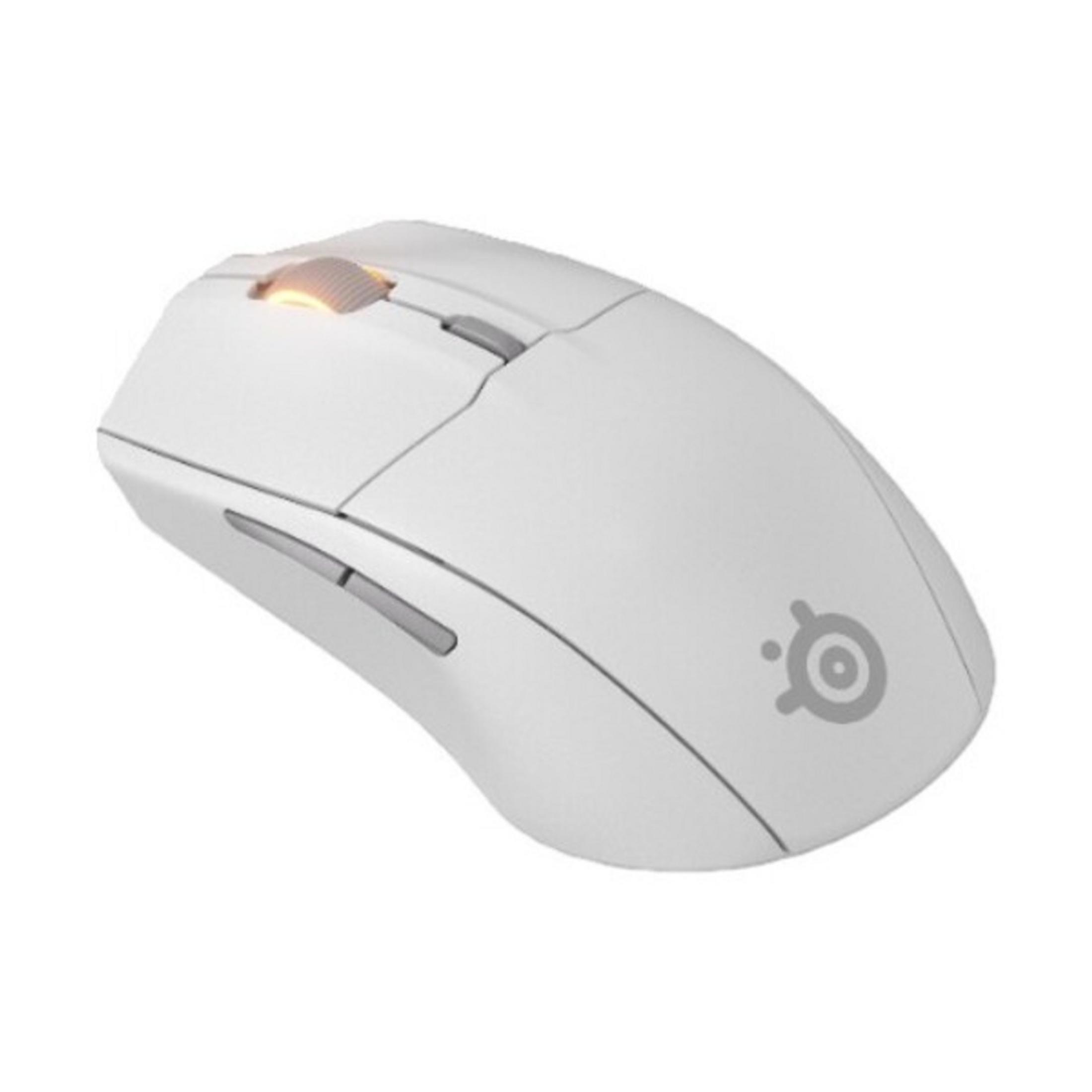 Eine weiße Gaming-Maus mit beleuchtetem Scrollrad und Logo.