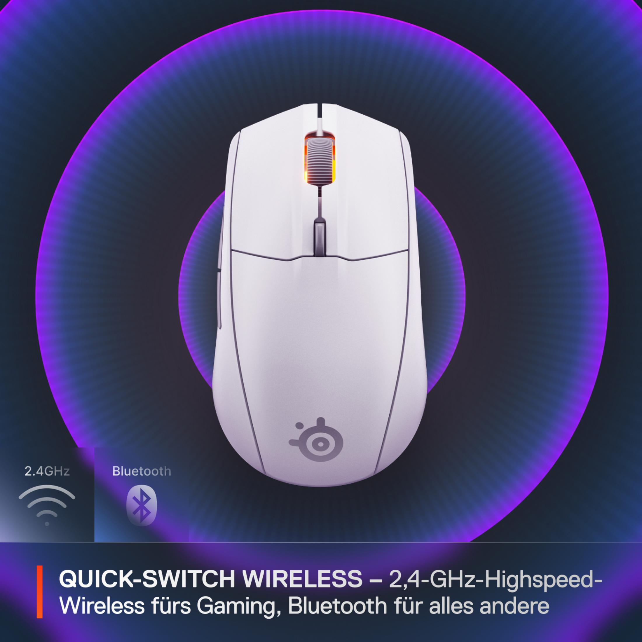 Eine weiße Gaming-Maus mit leuchtendem Scrollrad, umgeben von lila Ringen.