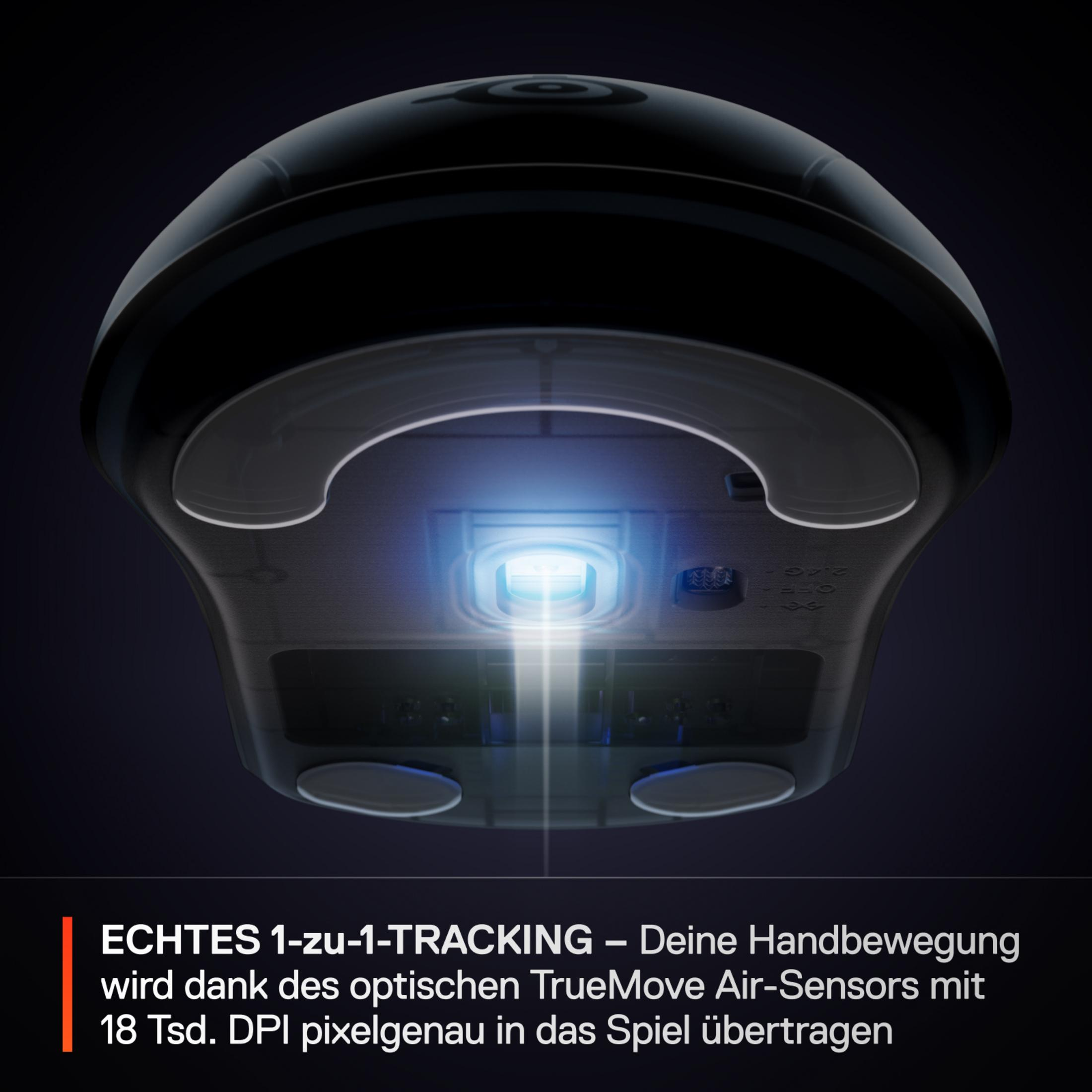 Unterseite einer schwarzen Gaming-Maus mit leuchtendem Sensor.