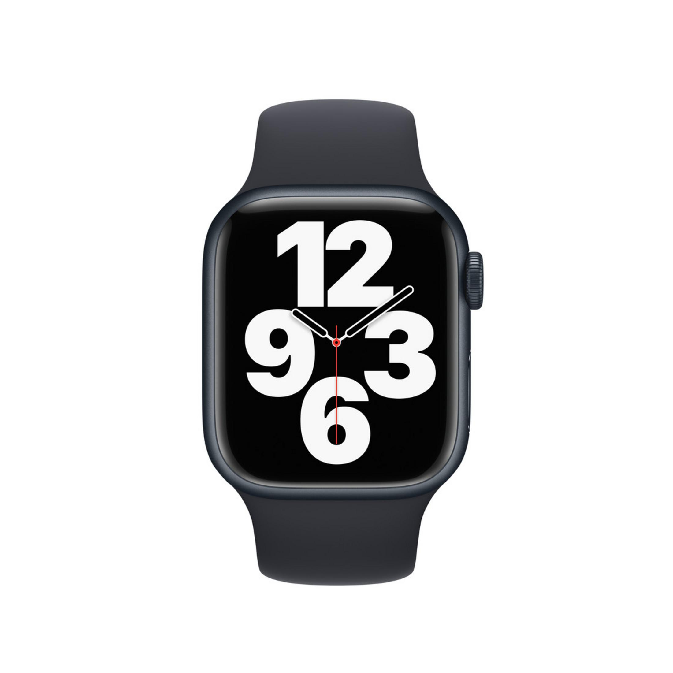 Uno smartwatch grigio scuro con quadrante grande e numeri bianchi.