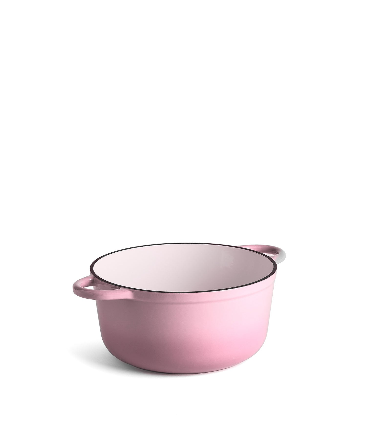 Una olla rosa con dos asas y un interior blanco.