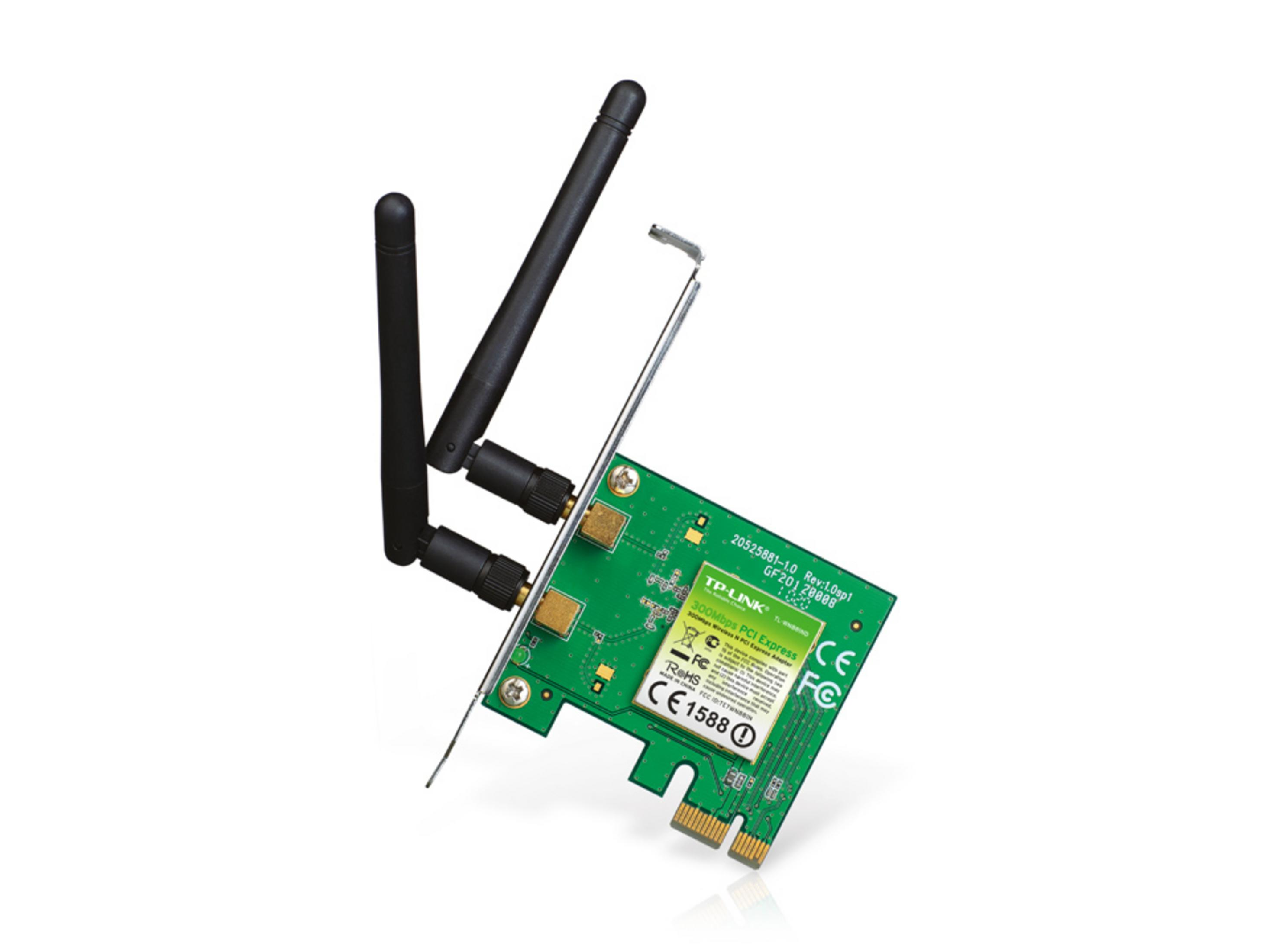 Ein grünes TP-Link WLAN PCI Express Adapter mit zwei Antennen.