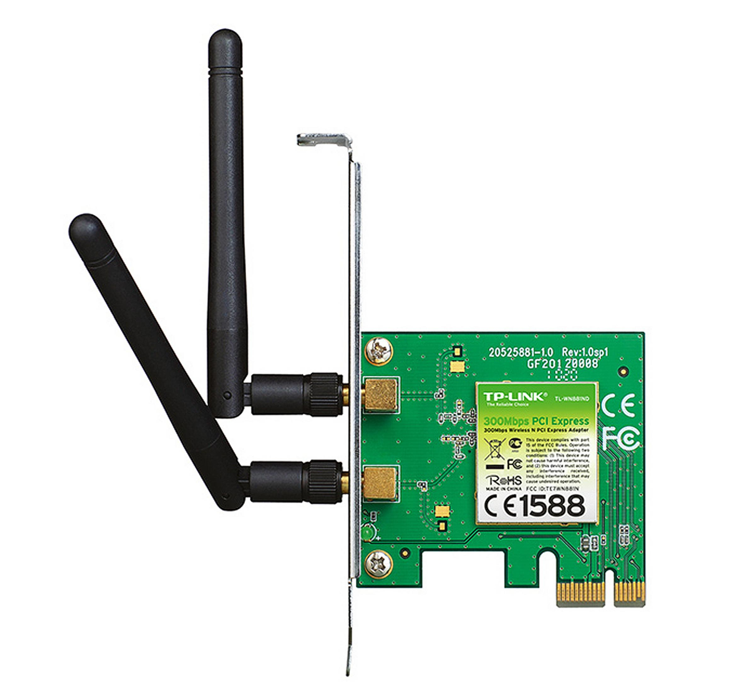 Ein grünes TP-Link WLAN-PCIe-Adapter mit zwei schwarzen Antennen auf weißem Hintergrund.