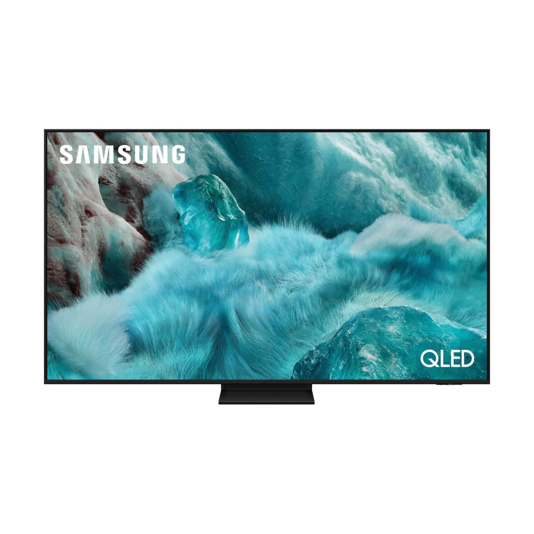 Una TV Samsung QLED con uno sfondo astratto blu ghiaccio.