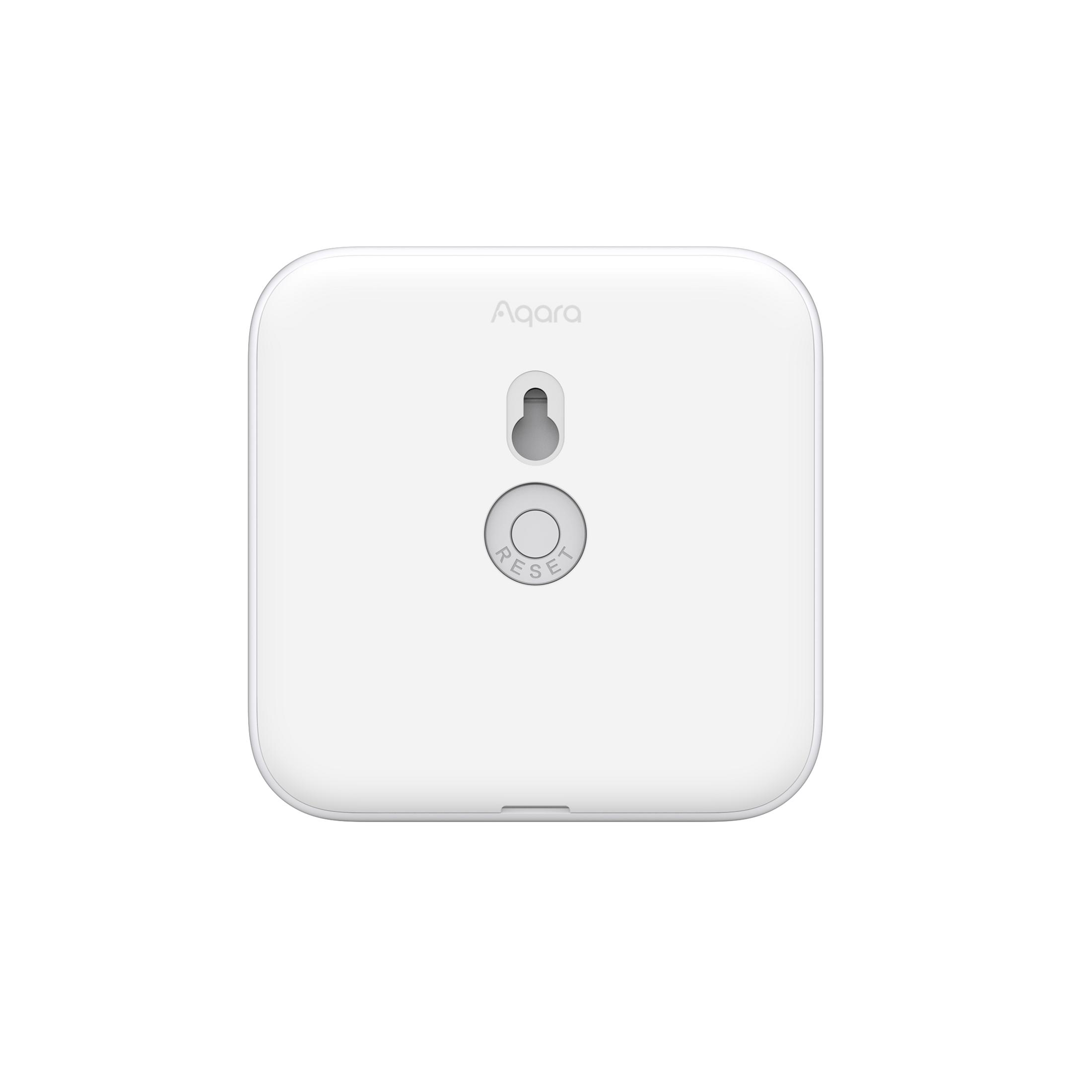 Un dispositivo Aqara bianco e quadrato con pulsante di reset e fessura per appenderlo.