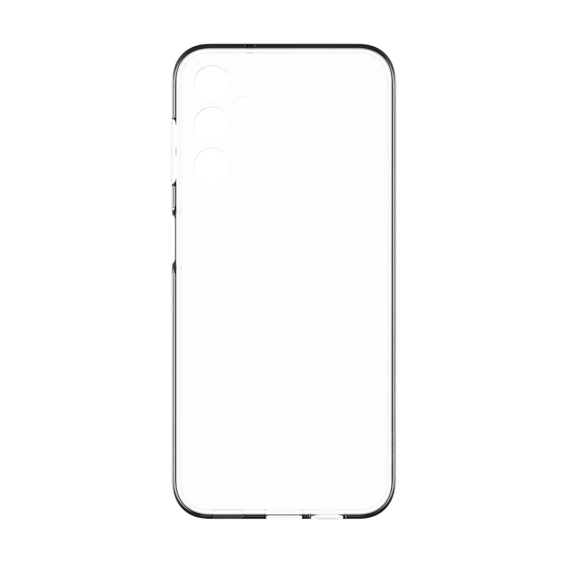 Cover trasparente per telefono con tre ritagli per fotocamera in alto a sinistra.