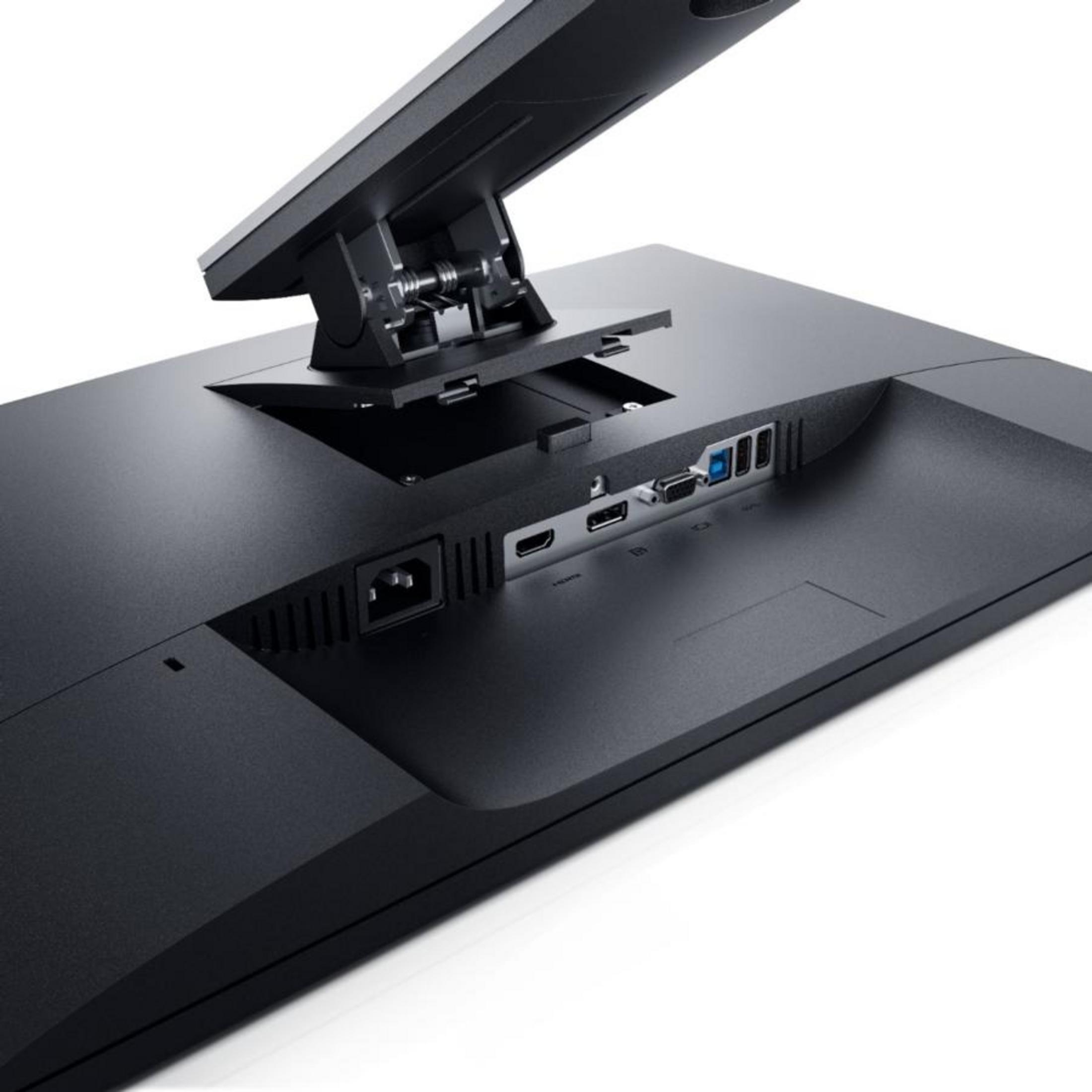 Vista posteriore di un monitor nero con porte di alimentazione, HDMI e USB.