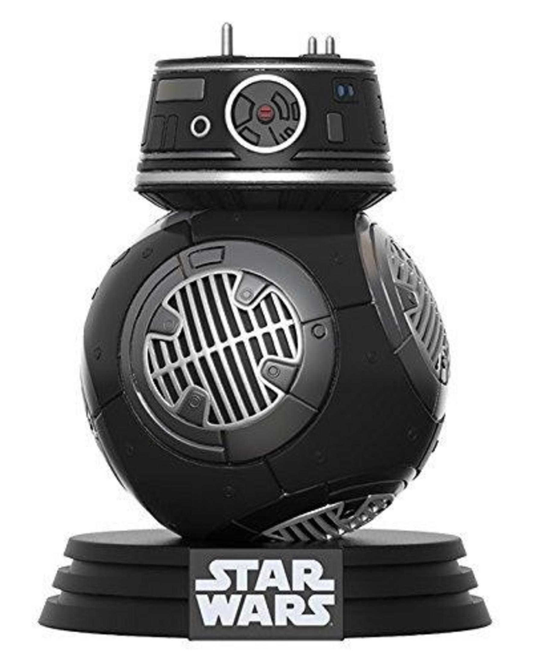 Eine schwarze Star Wars BB-9E Droidenfigur auf einem schwarzen, gestuften Ständer mit Star Wars Logo.
