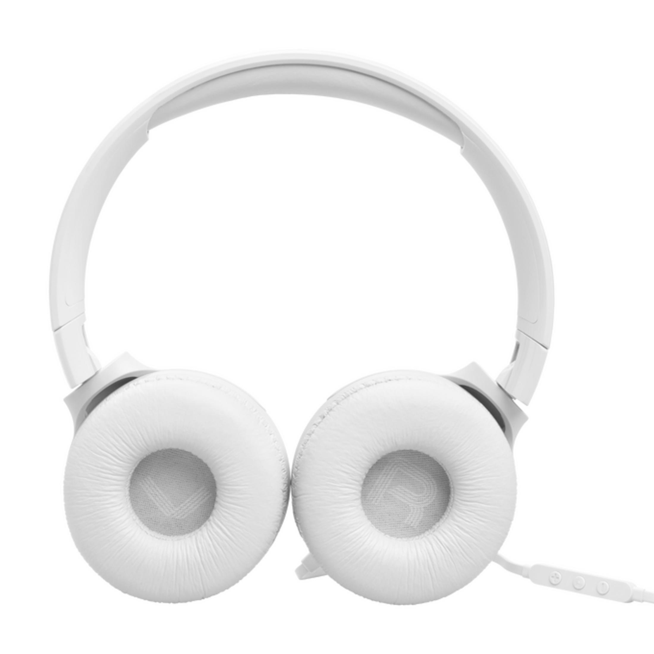 Cuffie bianche over-ear con cavo nero e controlli in linea su sfondo bianco.