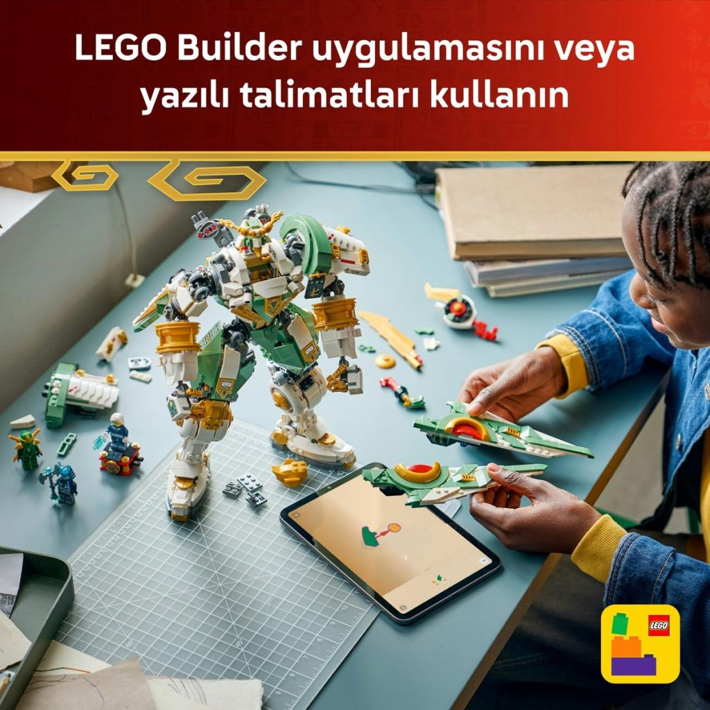 Bir çocuk tablet ve Lego parçaları kullanarak yeşil ve beyaz Lego robotu yapıyor.