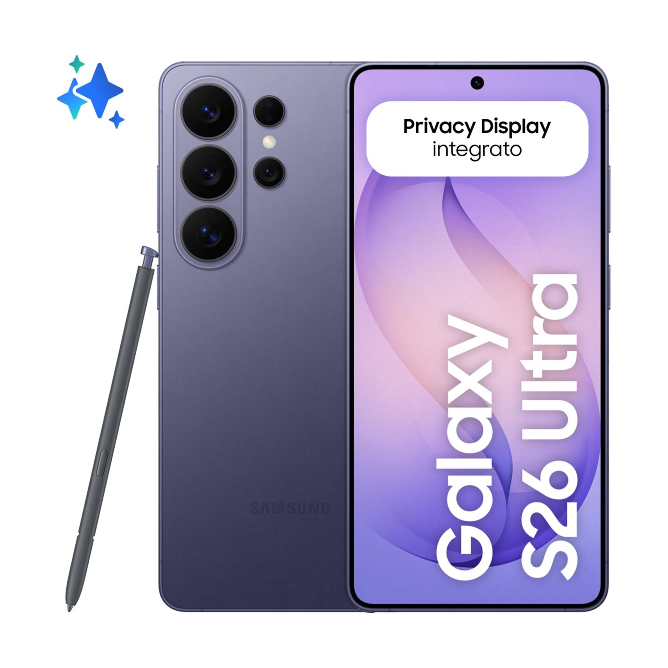 Ein violettes Samsung Galaxy S26 Ultra mit Stift und Sternen-Grafik.
