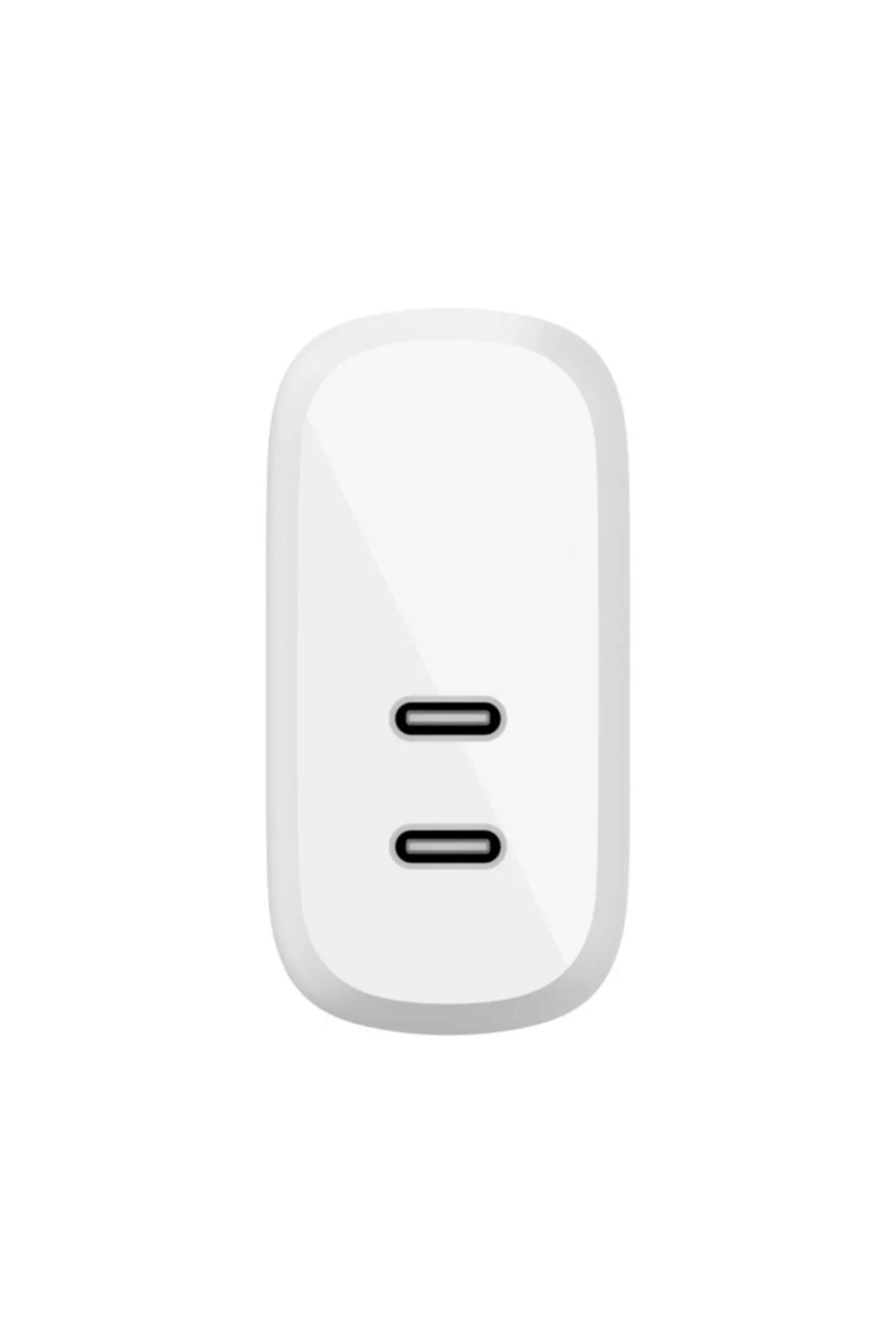 Un adattatore di ricarica bianco con due porte USB-C.