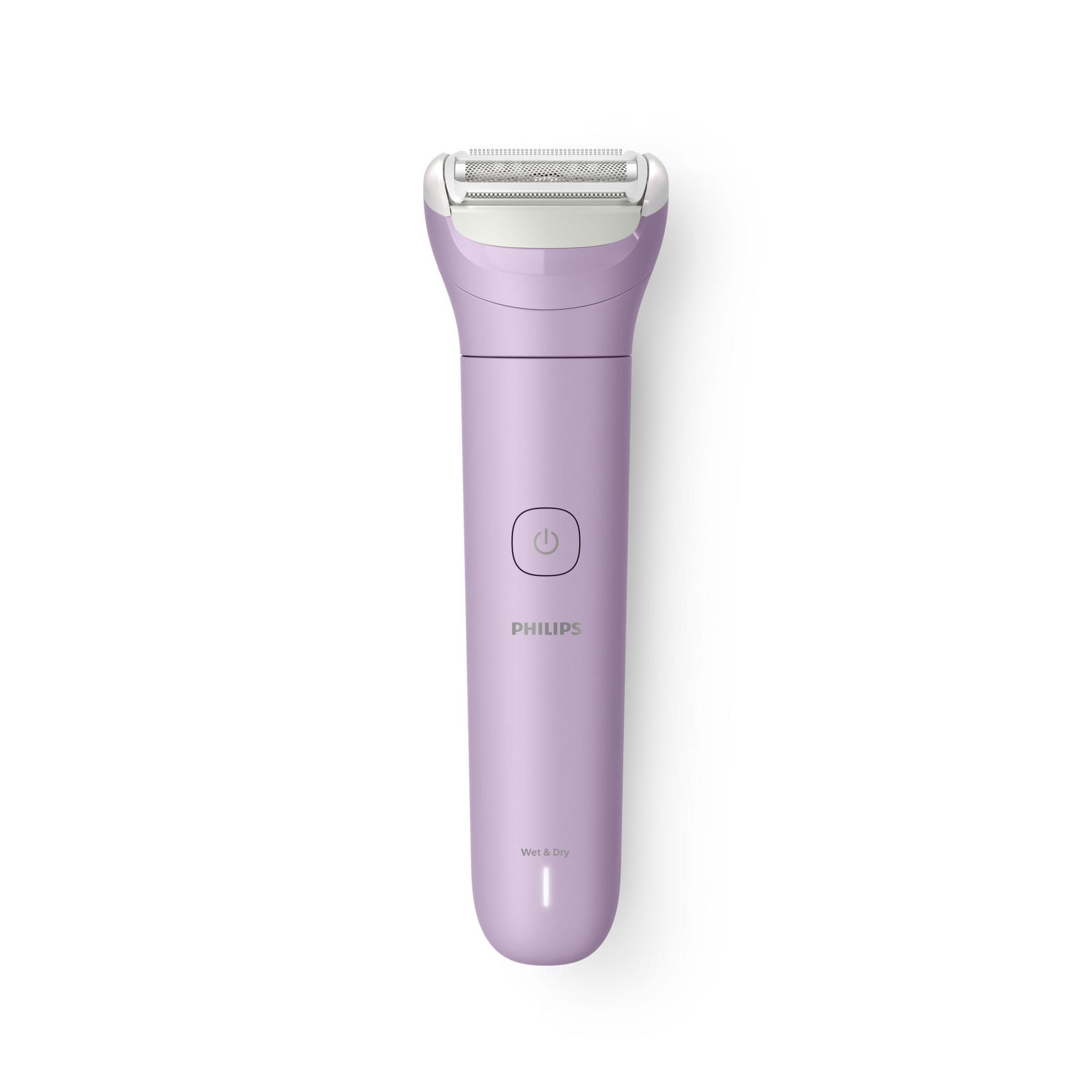 Un epilatore Philips viola con funzione Wet & Dry e pulsante di accensione.