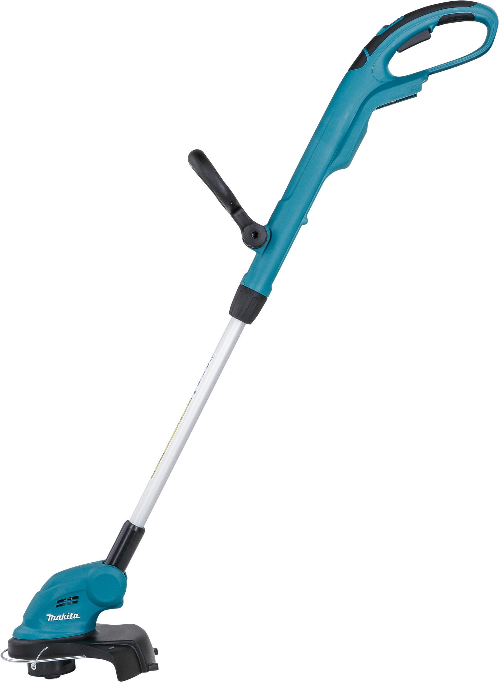 Un recortador de césped Makita turquesa con eje plateado y mango negro.