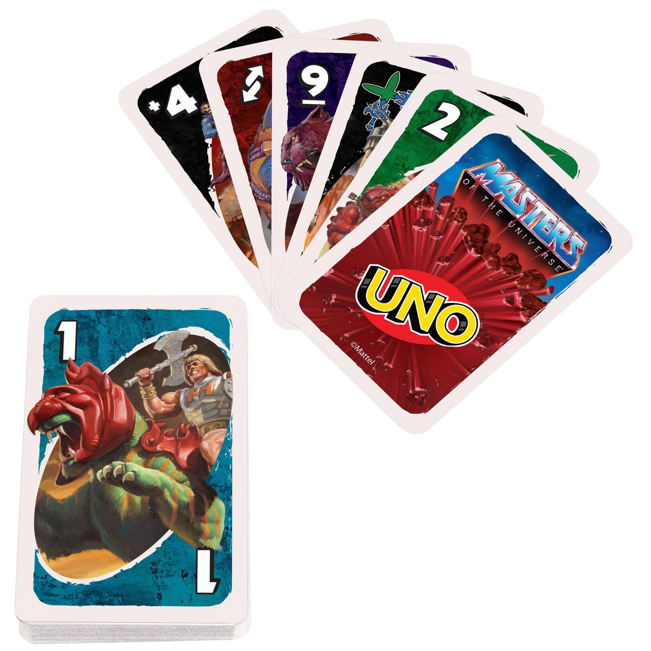 Cartes UNO Masters of the Universe : He-Man sur Battle Cat, numéro 1 et autres cartes.