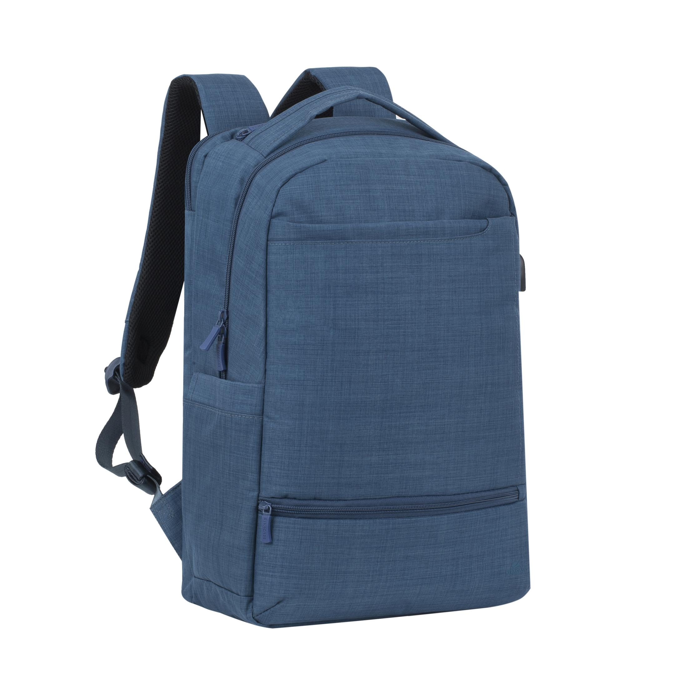Zaino blu con cerniere e spallacci imbottiti su sfondo bianco.