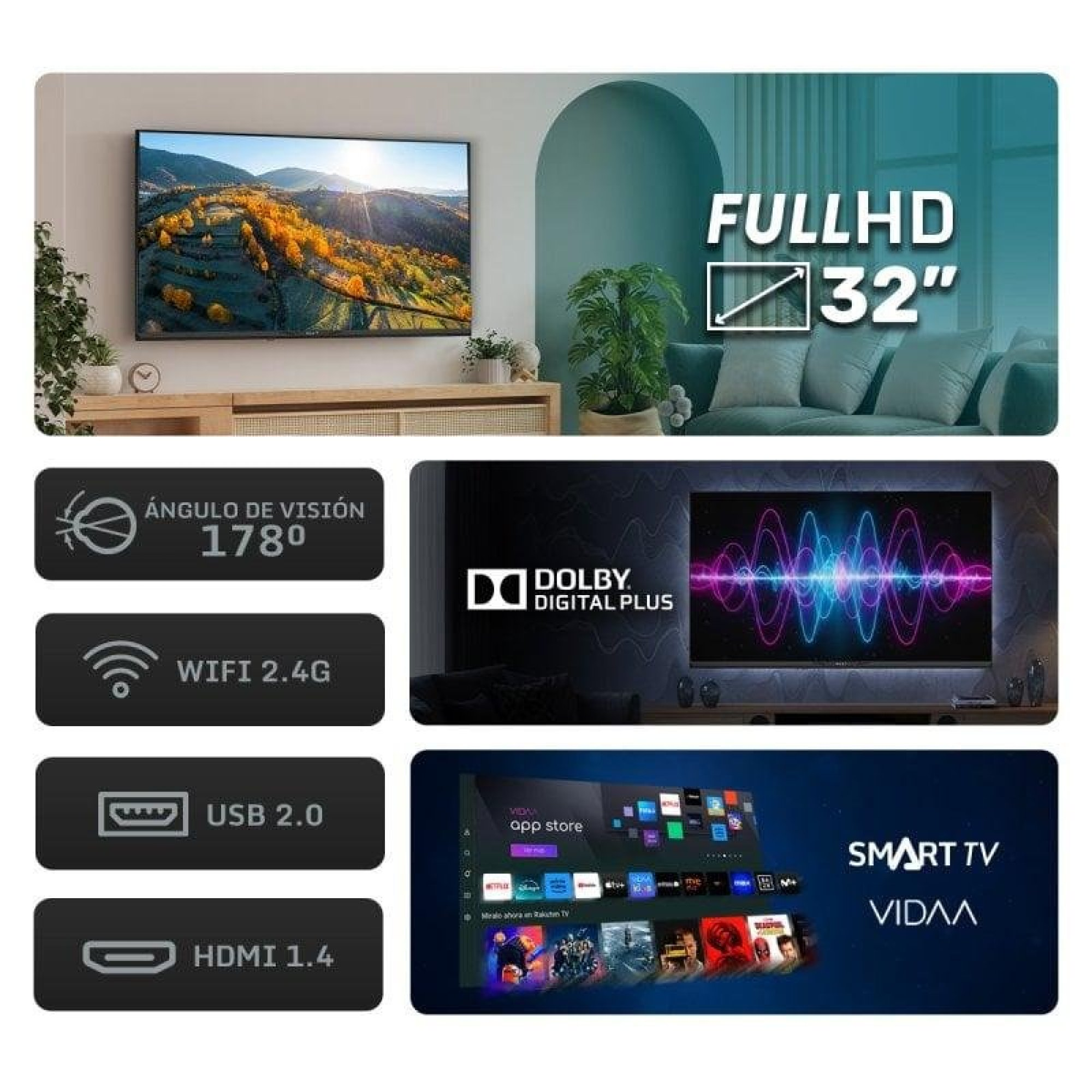 Smart TV FullHD da 32" con Dolby Digital Plus, angolo di visione 178°, WiFi, USB 2.0, HDMI 1.4.