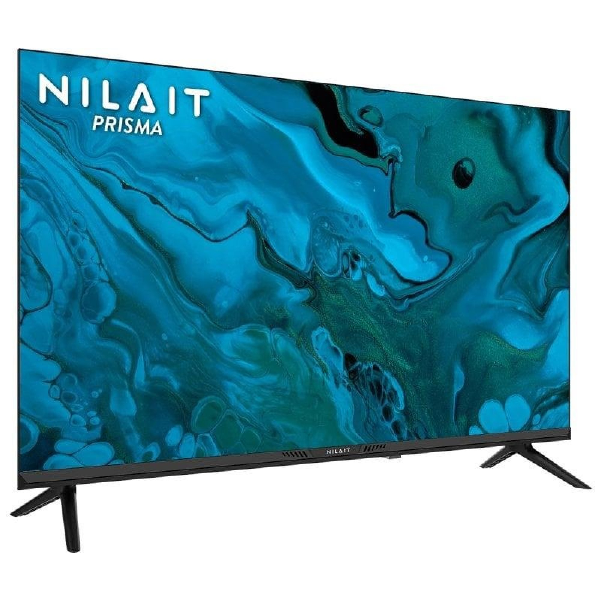 Un moderno televisore nero con uno sfondo astratto blu e verde. Due gambe lo sostengono.