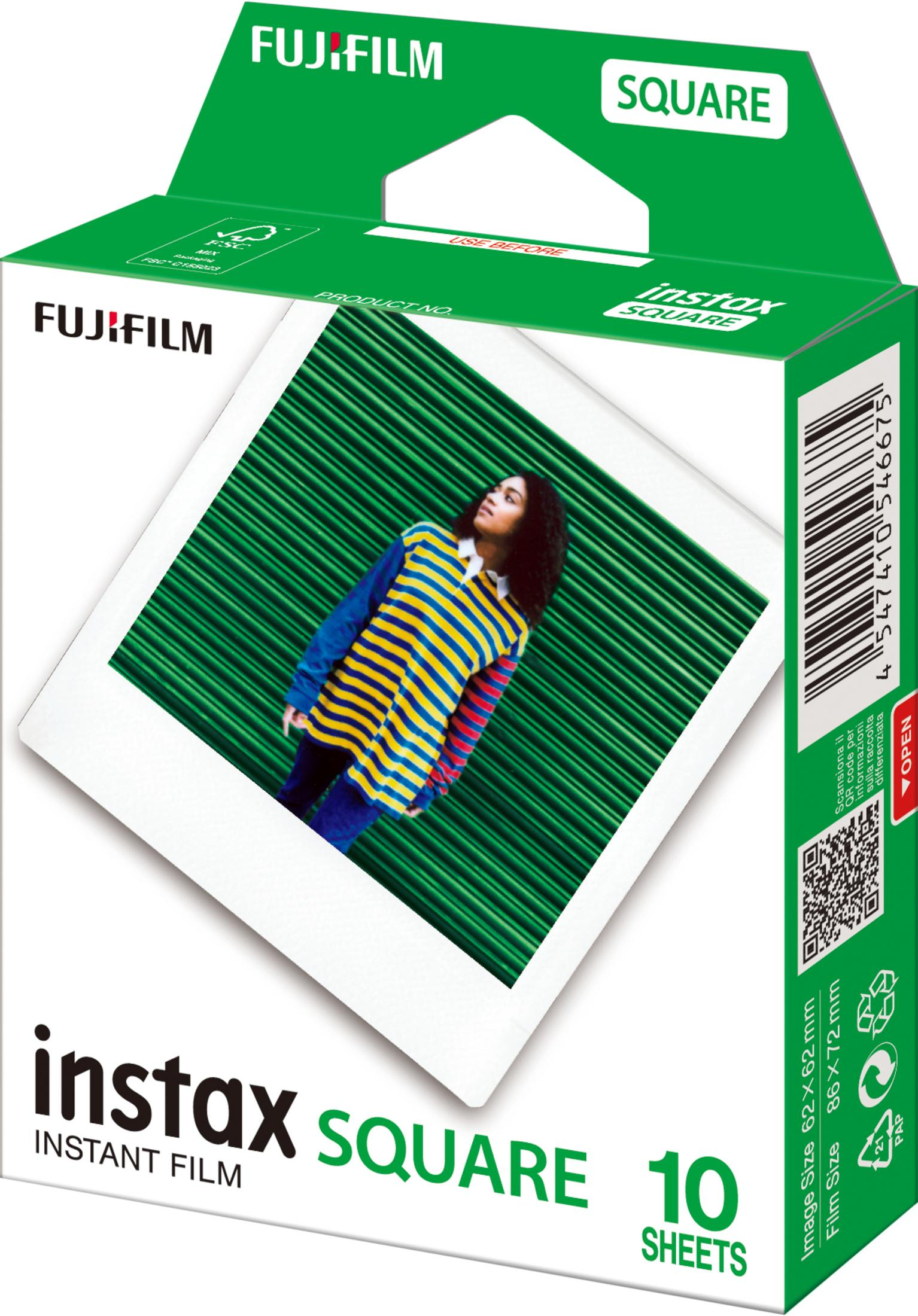 Pudełko filmu Fujifilm Instax Square z kobietą w pasiastym swetrze na zielonym tle.