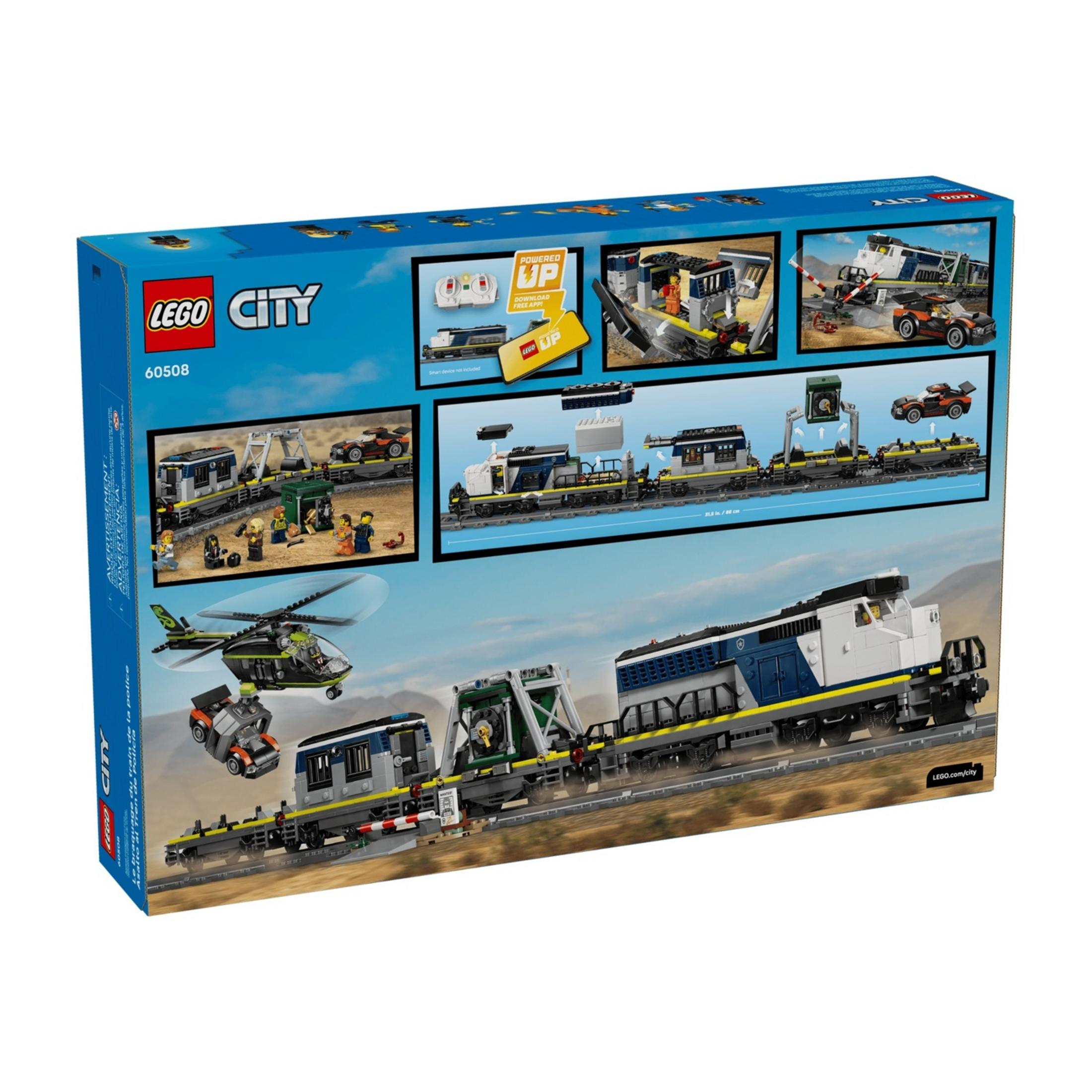 Zestaw pociągu Lego City z lokomotywą, wagonami, helikopterem, pojazdem i figurkami.