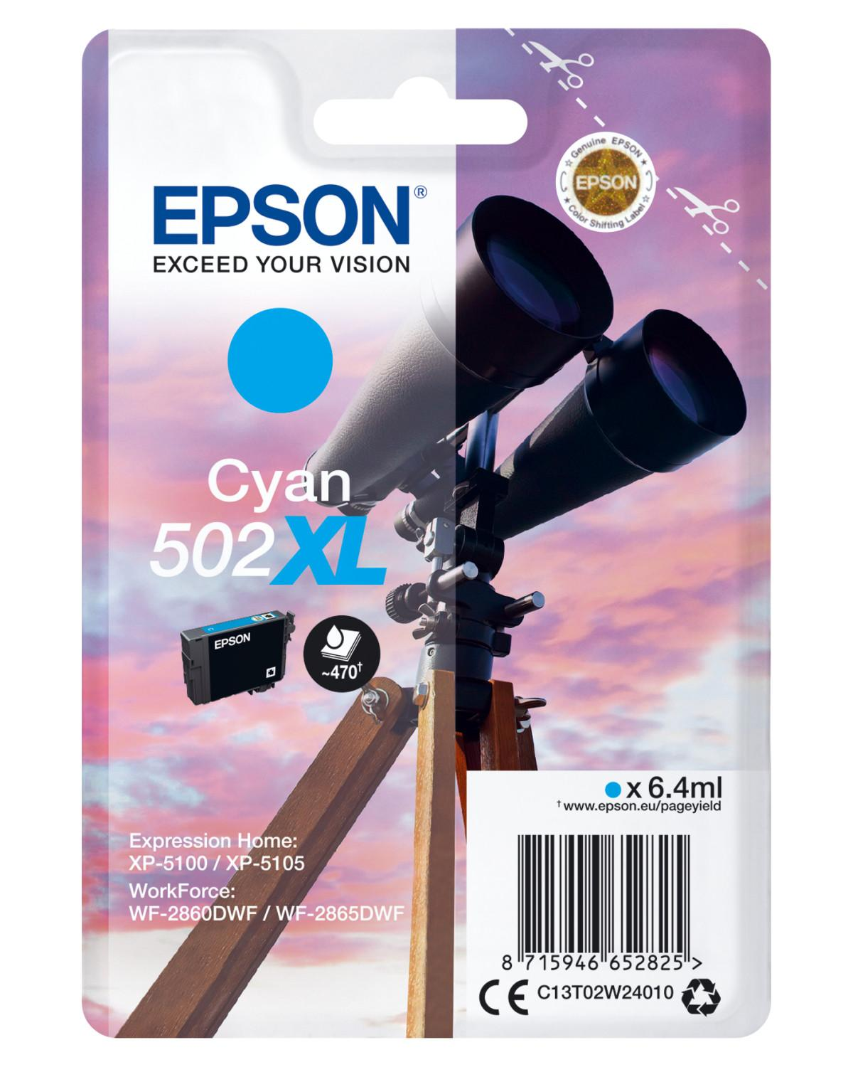 Cartuccia d'inchiostro Epson Cyan 502XL con telescopio sullo sfondo e dettagli prodotto.
