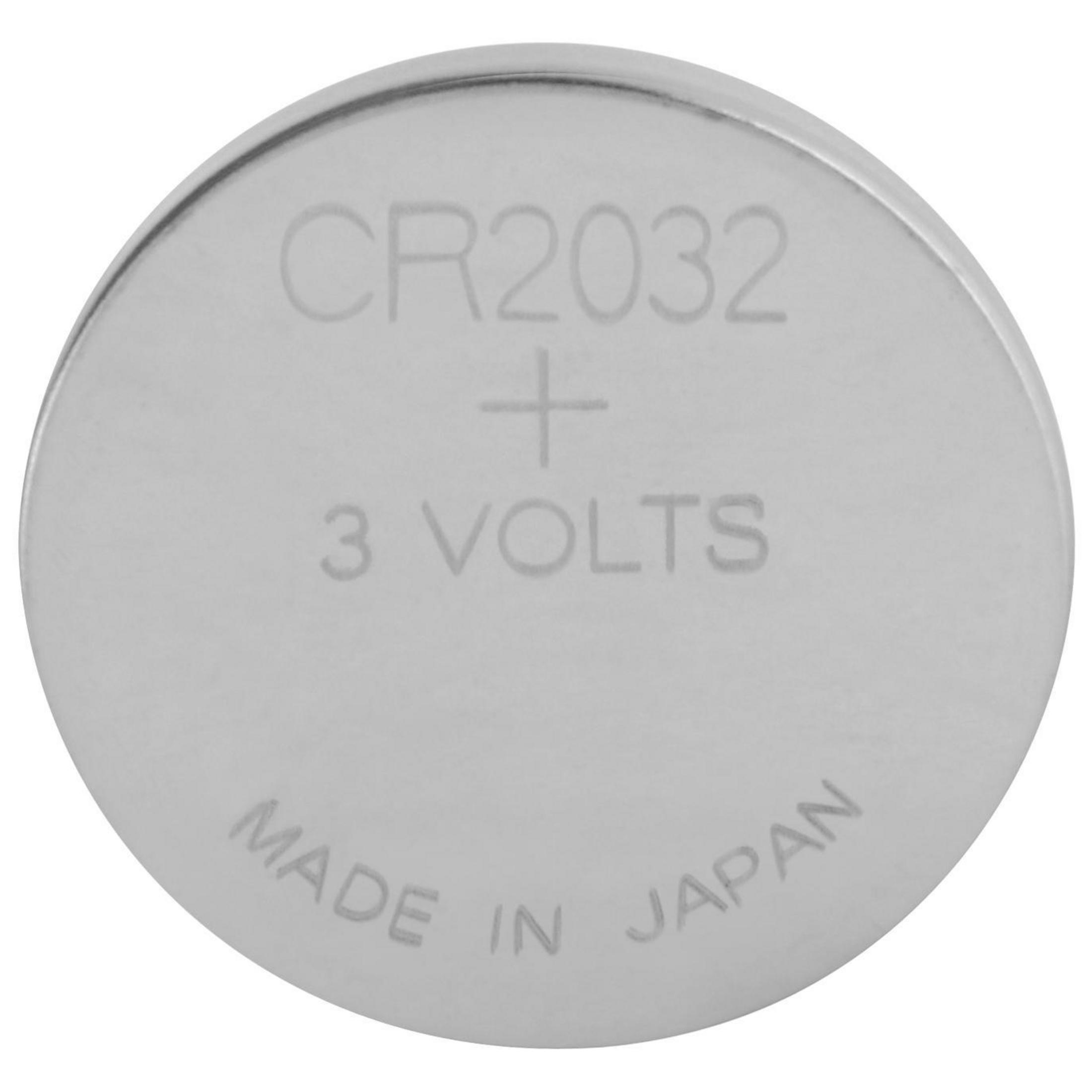 Silberne CR2032 3-Volt-Batterie mit Aufschrift 'MADE IN JAPAN'.