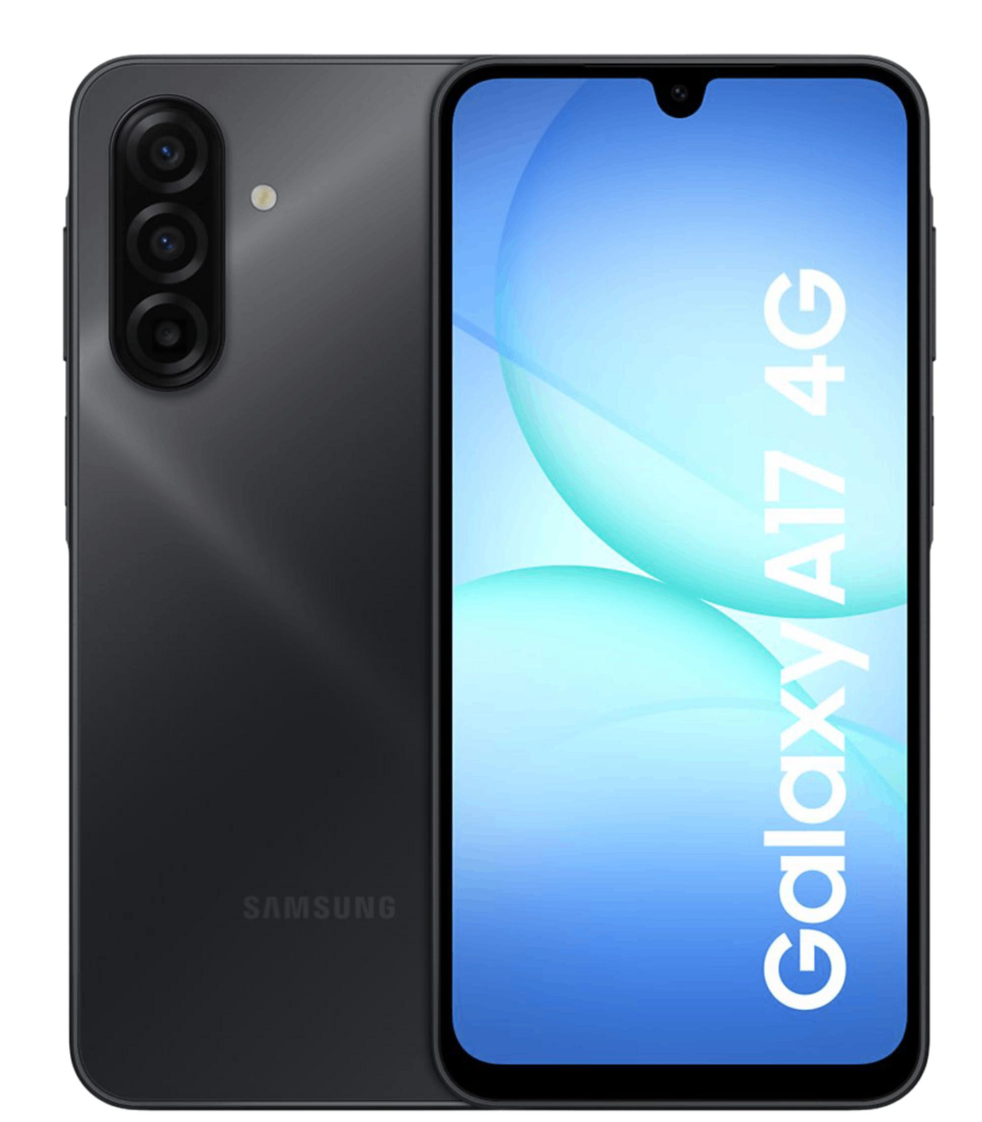 Smartphone Samsung Galaxy A17 4G grigio scuro con tre fotocamere posteriori.