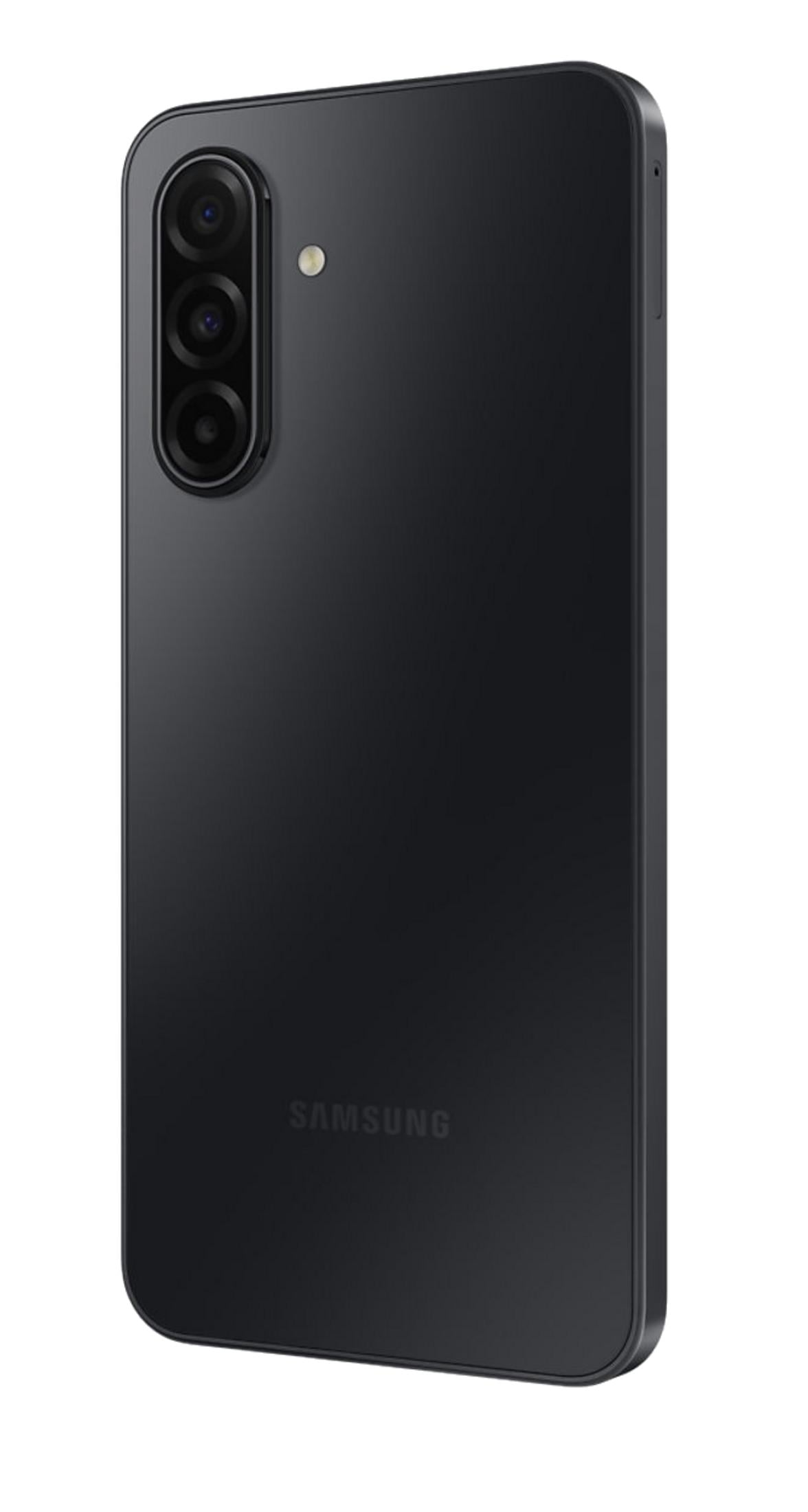 Smartphone nero con tre fotocamere e flash sul retro. Logo Samsung.