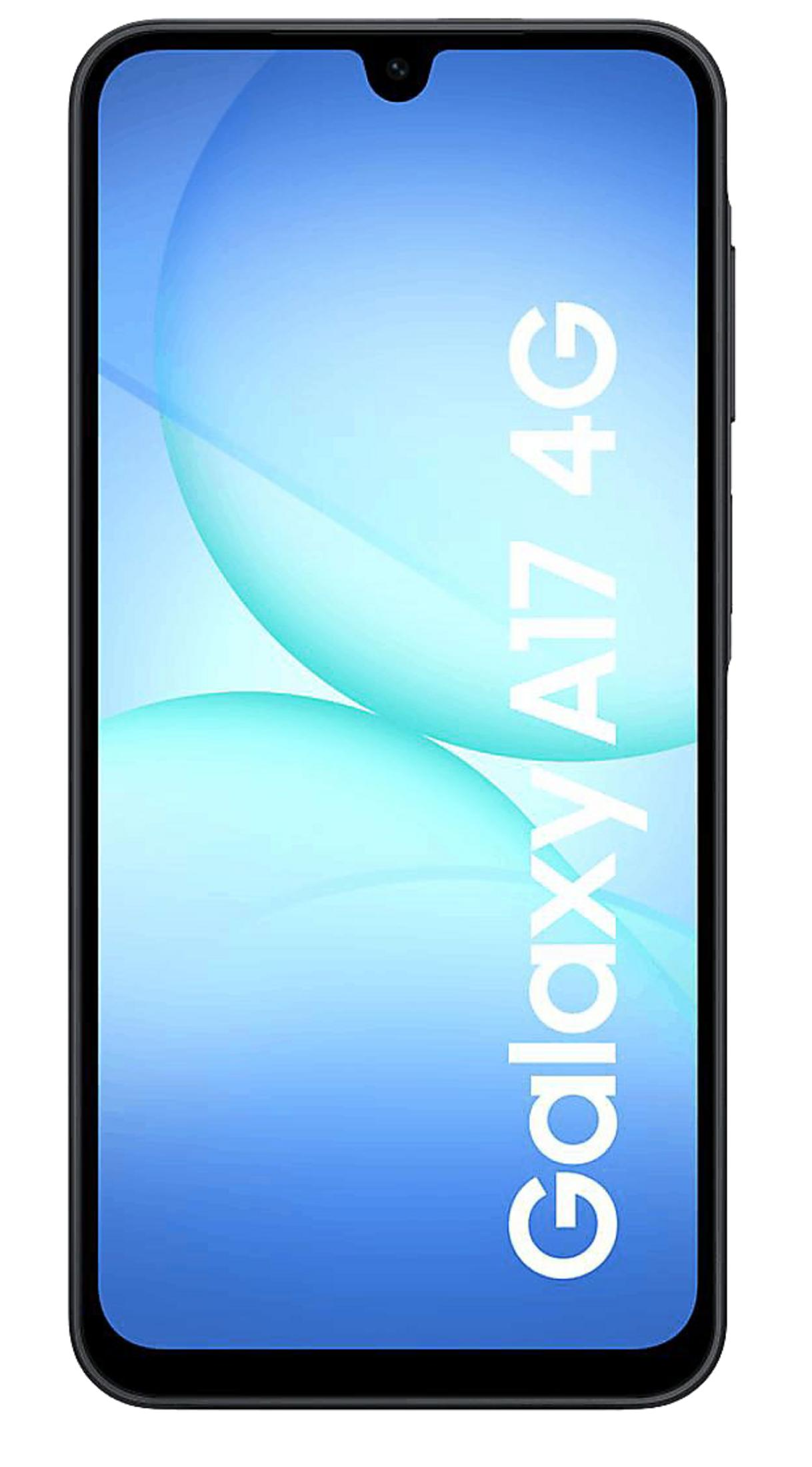 Uno smartphone nero Samsung Galaxy A17 4G su sfondo blu.
